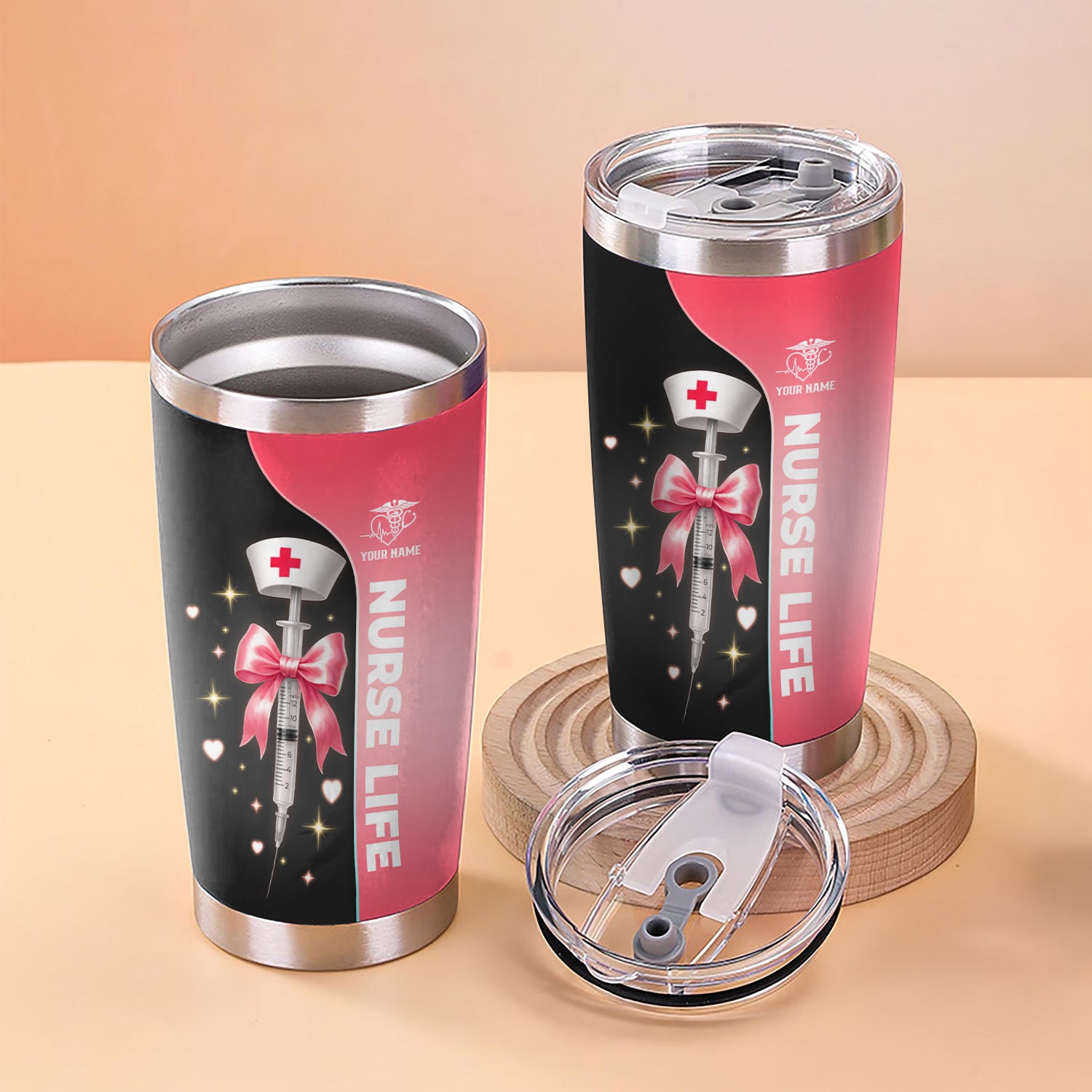 Personalized Nurse Tumbler with Name - Pink Syringe Bow Design for Women RN CNA LPN - Cute Medical Appreciation Cup for Nurse Graduation or Birthday Gift