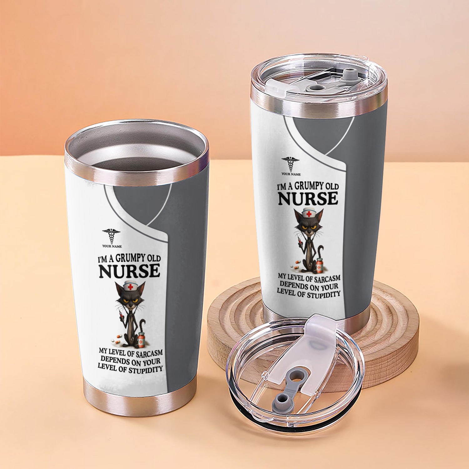 Personalized Grumpy Old Nurse Travel Tumbler - Angry Cat Sarcasm Quote for RN LPN CNA - Funny Gift for Nursing Team & Medical Professionals