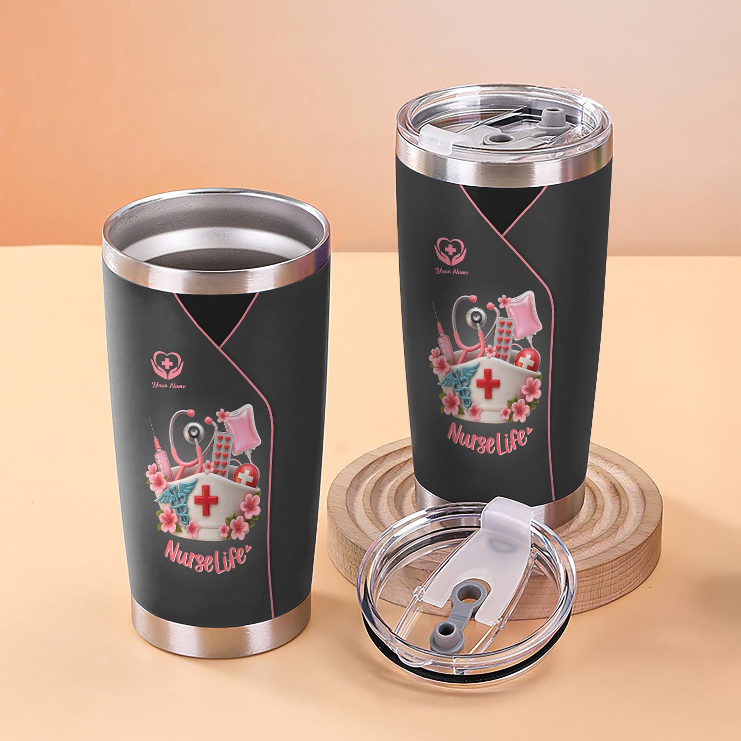 Personalized Nurse Tumbler - Cute Scrub & Heartbeat Design - Gift for RN LPN CNA Students and Workers
