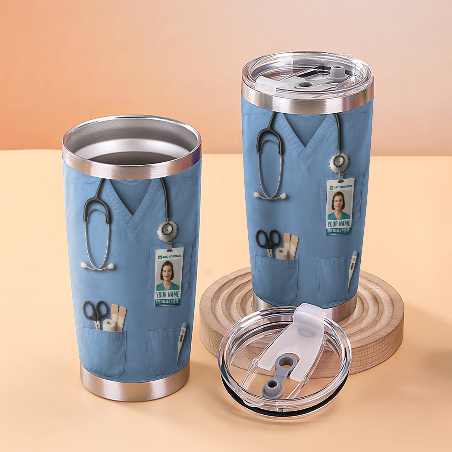 Custom Nurse Tumbler - Stethoscope & Hospital ID Badge Design - Personalized Gift with Custom Text & Photo for RN CNA LPN Healthcare Workers
