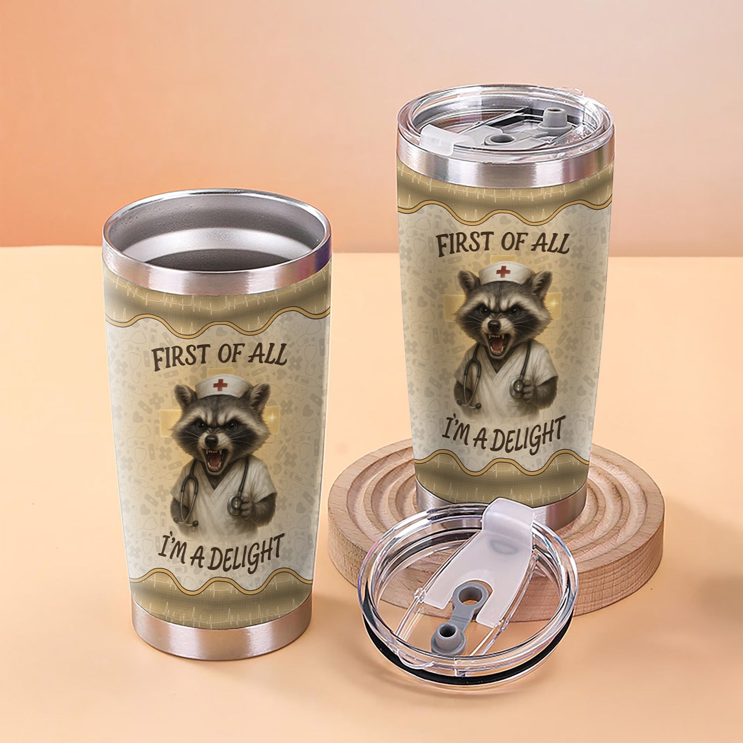 Funny Nurse Tumbler - First Of All I'm A Delight - Personalized Raccoon Mug with Name - Gift for RN CNA LPN Women - Stainless Steel Travel Cup