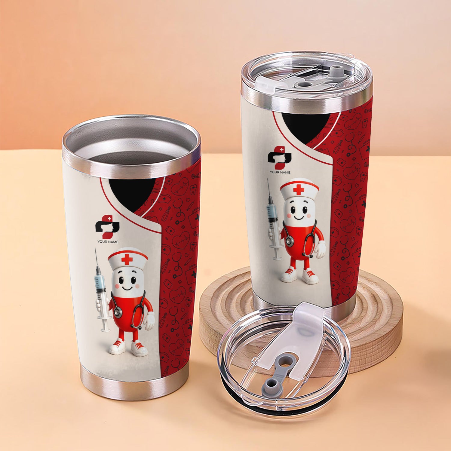 Funny Personalized Nurse Tumbler - Cartoon Pill Design Stainless Steel Travel Mug - RN CNA Healthcare Gift Multiple Color Options