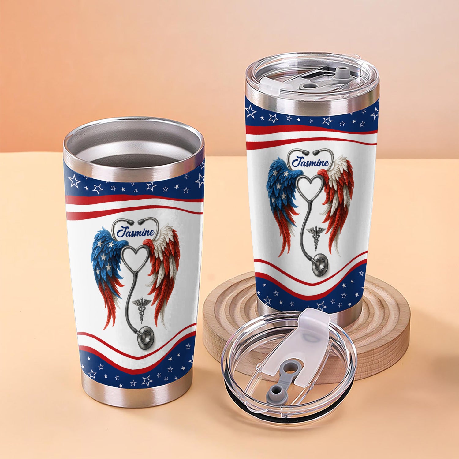Personalized Nurse Tumbler - American Flag Angel Wings Stethoscope - The Wings Came With The Scrubs Gift