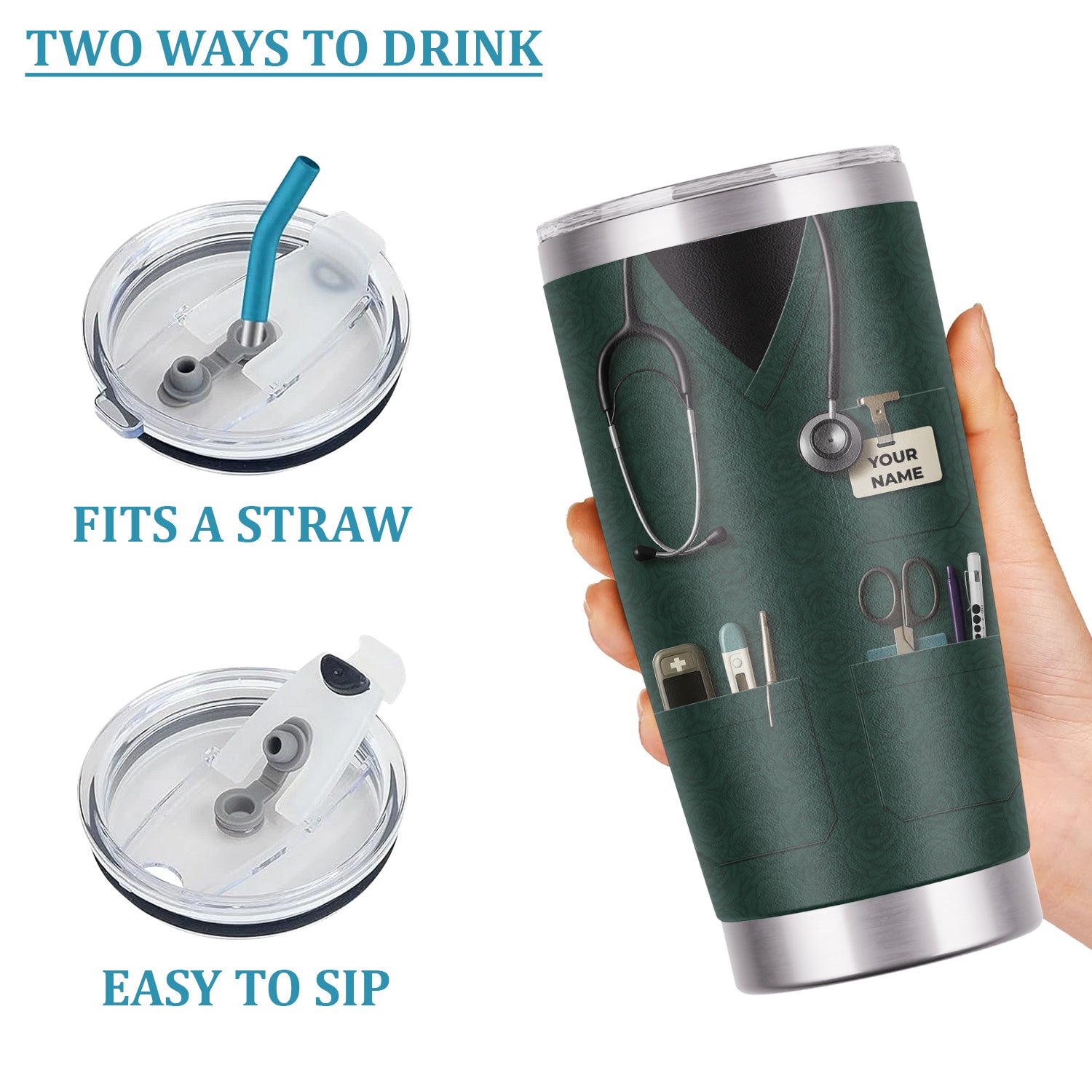 Custom Nurse Tumbler with Name - Green Scrubs Travel Mug with Medical Tools - Gift for RN CNA LPN Nursing Student