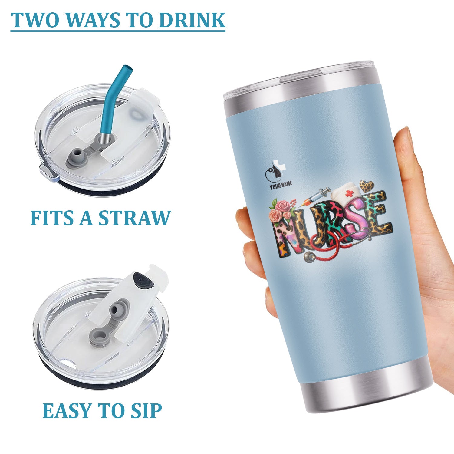 Custom Name Nurse Tumbler - Cute Leopard Lettering and Stethoscope Design - Gift for Registered Nurses CNA RN LPN - Stainless Steel Travel Mug for Healthcare Heroes