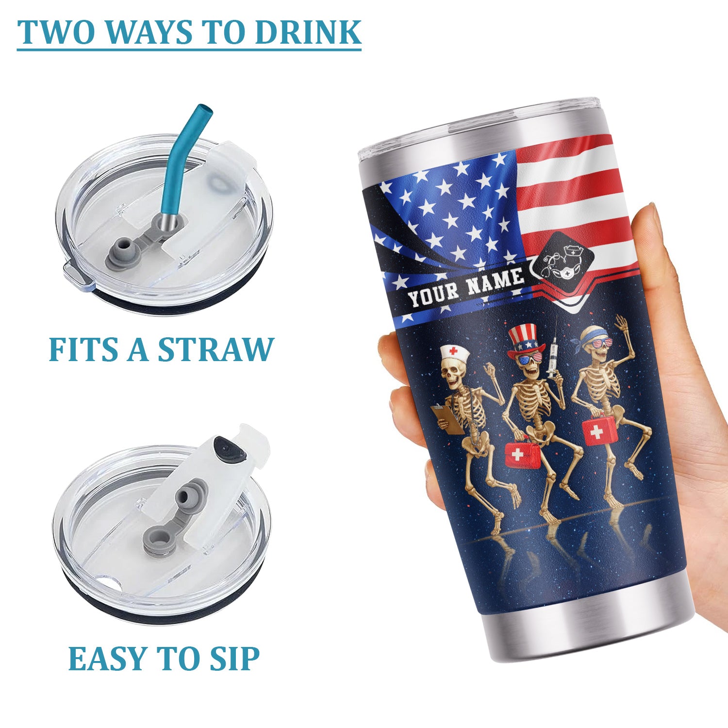 Personalized Skeleton Nurse Tumbler - 4th of July USA Flag Design - Funny Gift for RN LPN CNA Healthcare Workers