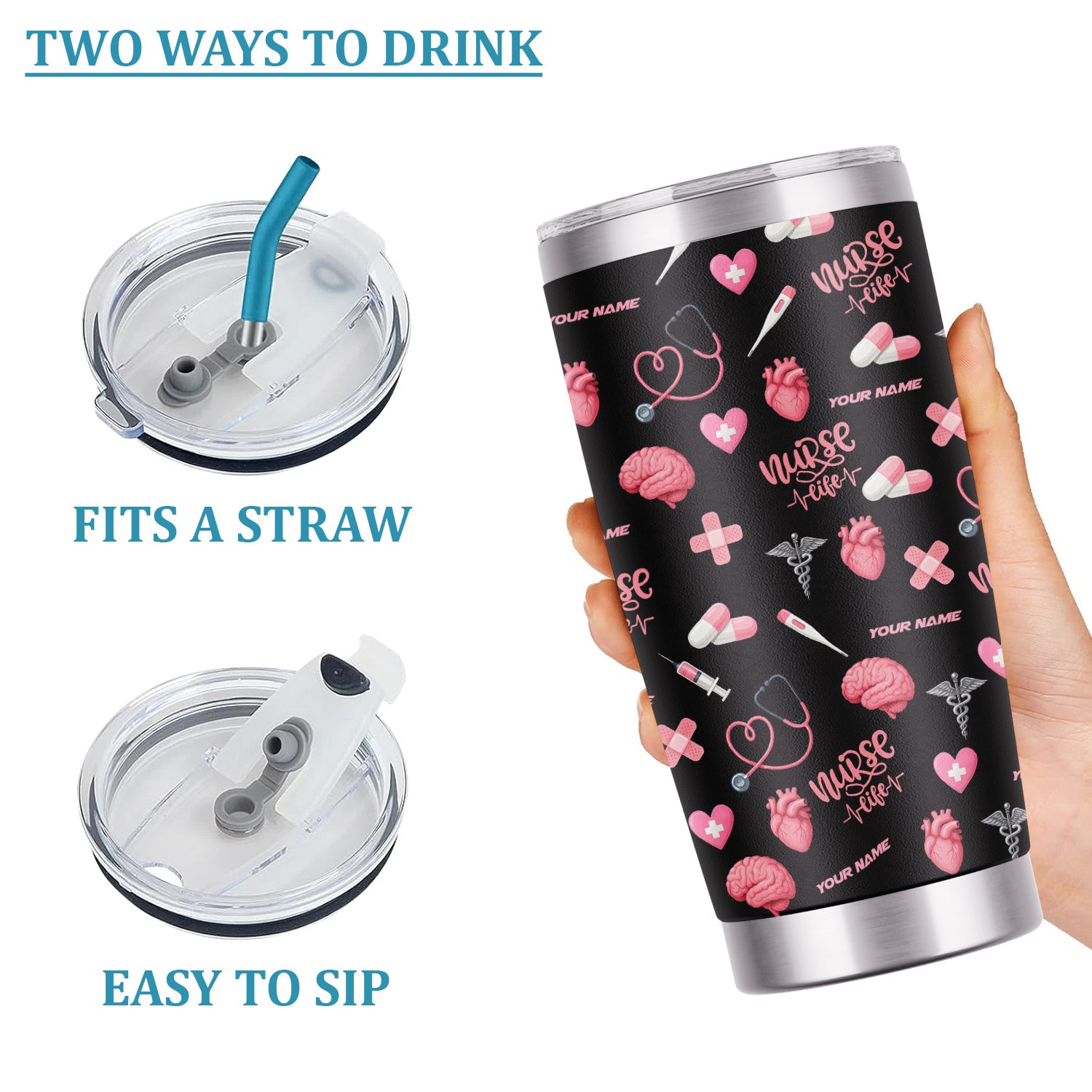 Custom Nurse Tumbler for Women - Nurse Life Design with Brain Heart Pill Graphics - Personalized Gift Idea for RN CNA LPN Healthcare Workers