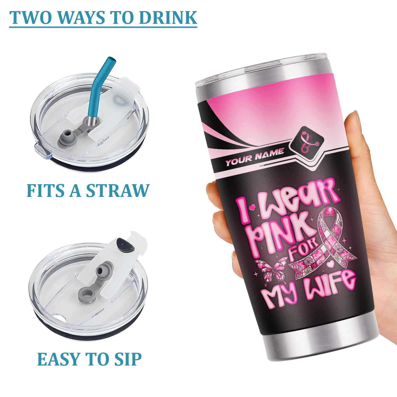 Personalized Breast Cancer Awareness Tumbler - Pink Ribbon Stainless Steel Cup - Gift for RN LPN CNA