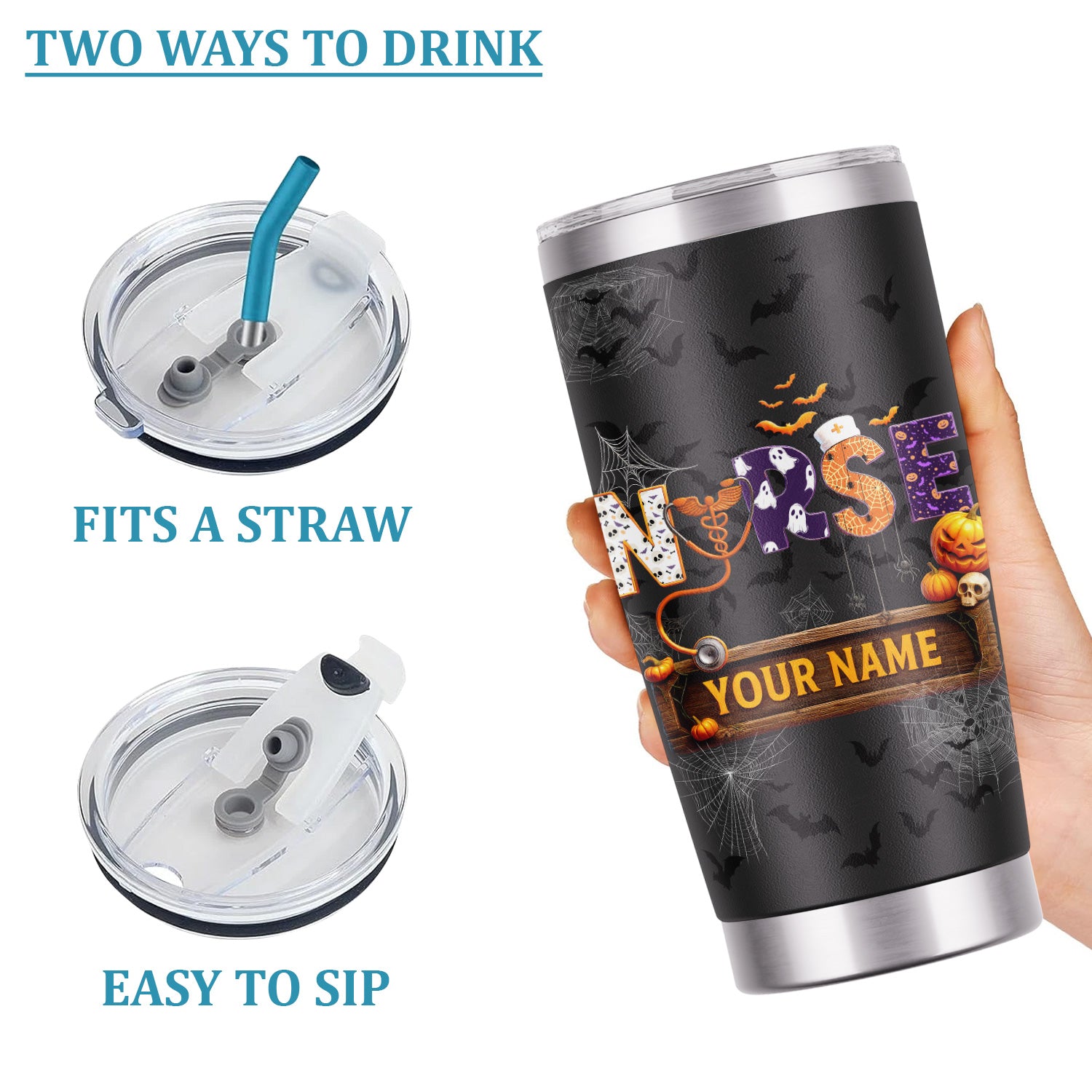 Funny Halloween Nurse Tumbler - Personalized Name & Stethoscope Design - Spooky 'Nurse' with Pumpkins and Bats - Ideal for RN, CNA, LPN Healthcare Workers