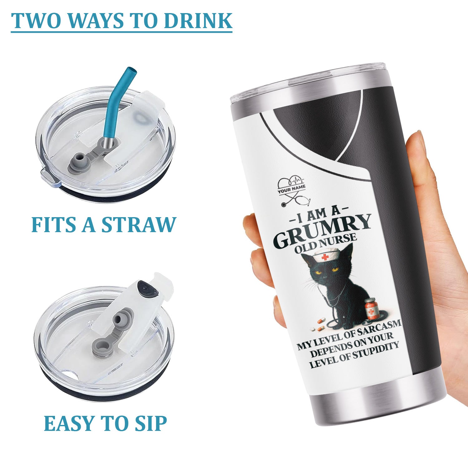Funny Nurse Tumbler for Grumpy RN - Sarcastic Black Cat Quote Design - Hilarious Gift for CNA LPN Female Healthcare Workers