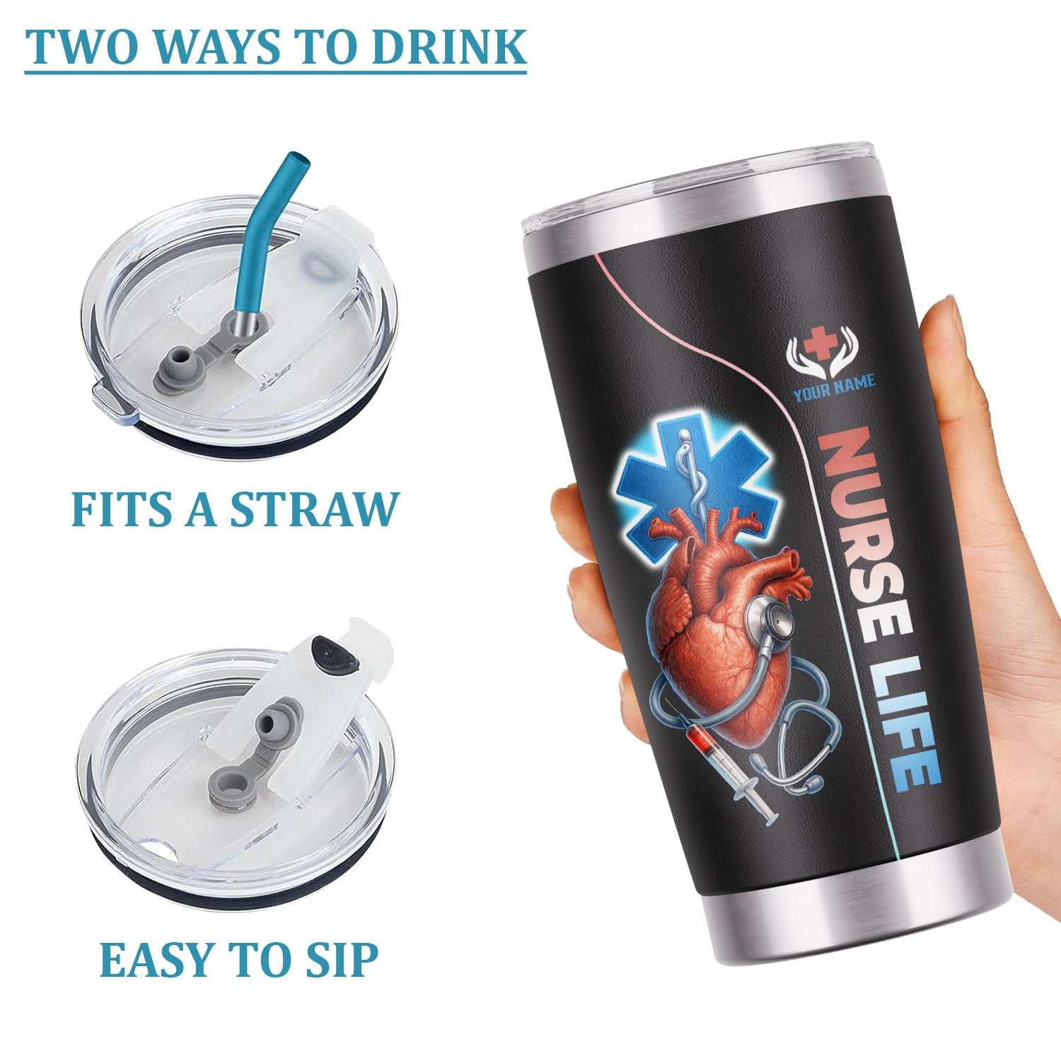 Custom Name Nurse Tumbler - Realistic Heart with Syringe & Caduceus Symbol - Medical Gift for Healthcare Worker