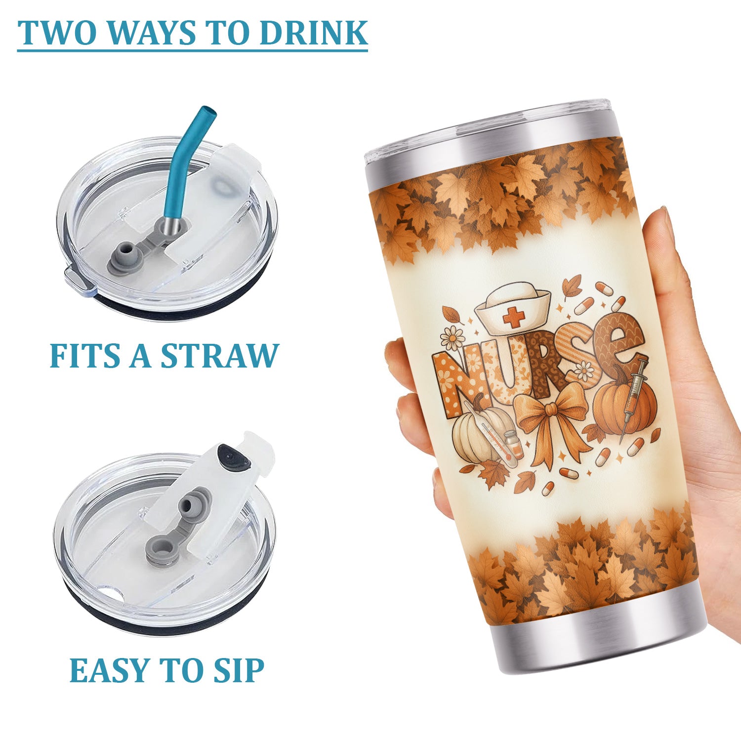 Personalized Fall Nurse Tumbler - Pumpkin Leaf Design with Name - Cute Thanksgiving Gift for RN CNA LPN Healthcare Workers