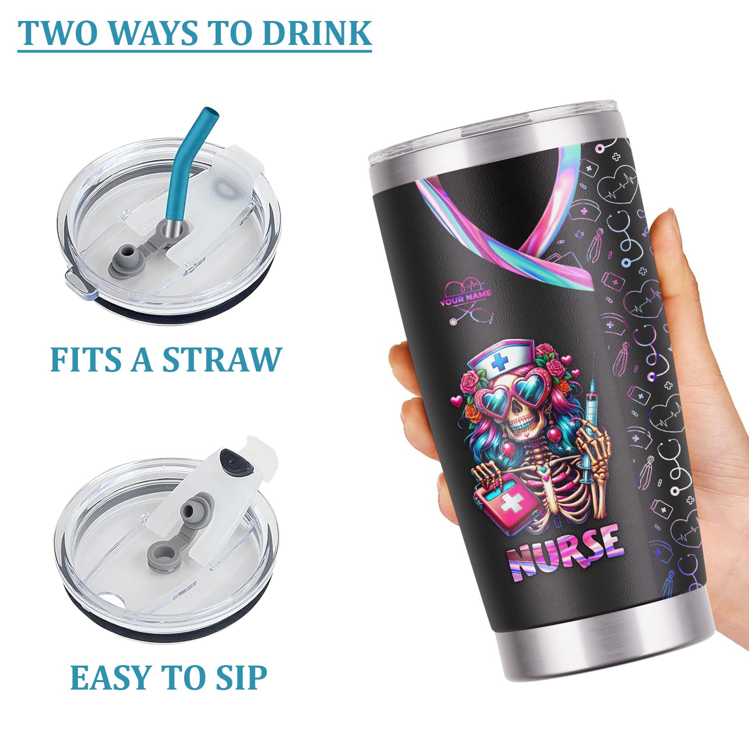 Custom Funny Skeleton Nurse Tumbler - Neon Skull with Heart Glasses & Syringe Design - Personalized Gift for RN LPN CNA