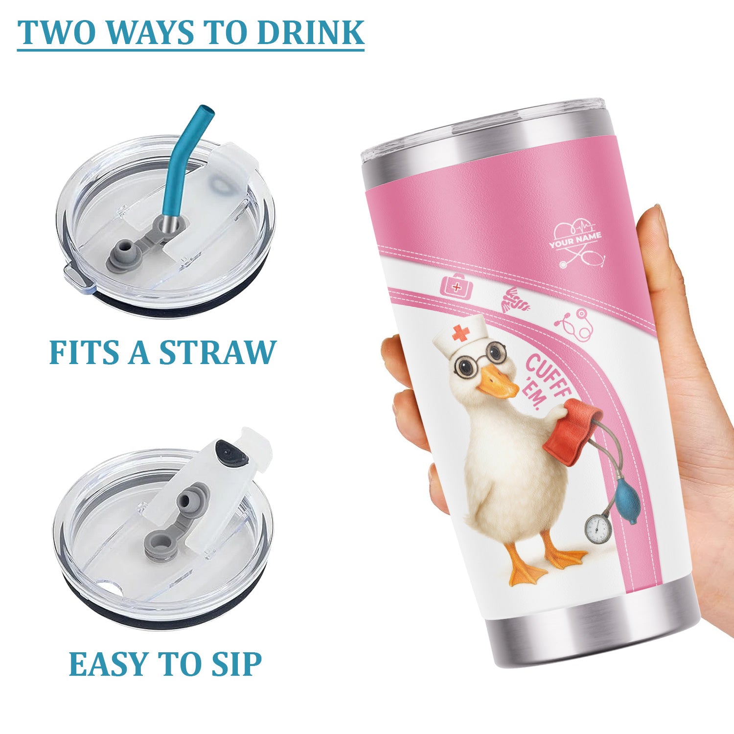 Funny Nurse Duck Tumbler for RN LPN CNA - Custom Name Cute Medical Duck Cartoon Design - Healthcare Workers Gift for Nursing Teams