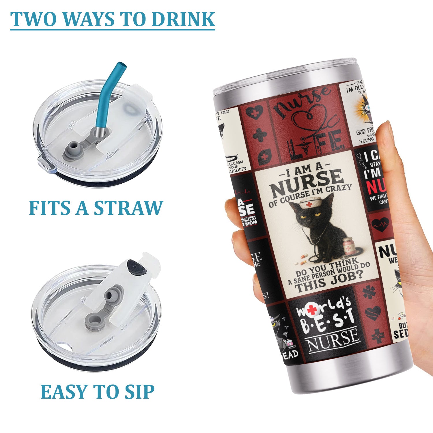 Custom Nurse Tumbler - World's Best Nurse & Funny Cat Design - Personalized Gift for Healthcare Workers, RN, LPN