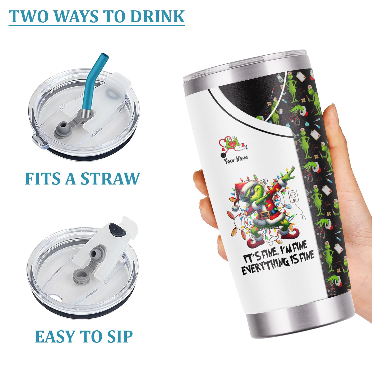 Funny Grinch Christmas Nurse Tumbler 20oz 30oz - Everything Is Fine Stainless Steel Cup - Gift for RN LPN CNA