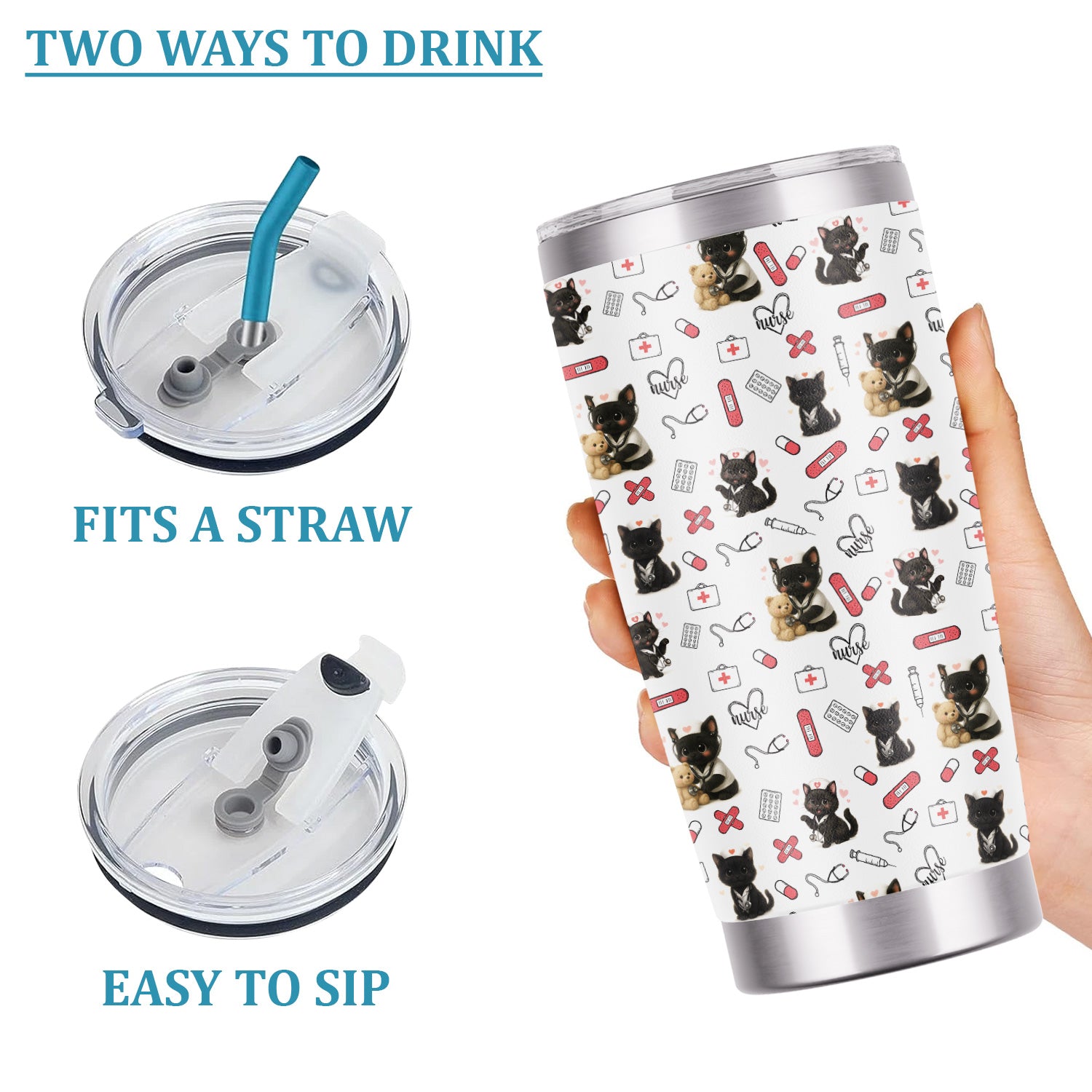 Funny Cat Lover Nurse Tumbler - Personalized RN CNA LPN Gift - Cute Medical Pattern with Black Kittens