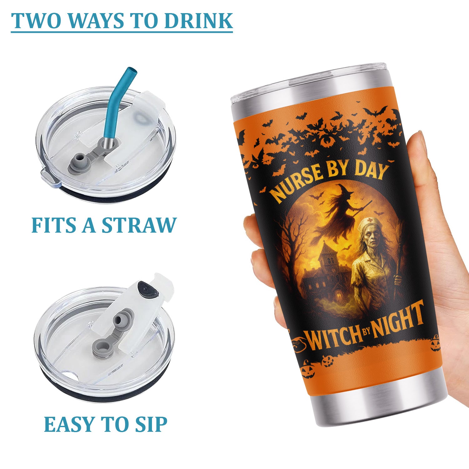 Halloween Nursing Travel Tumbler for CPN LPN RN - Scary Witch Nurse By Day Night Design - Gift for Healthcare Workers Medical Staff