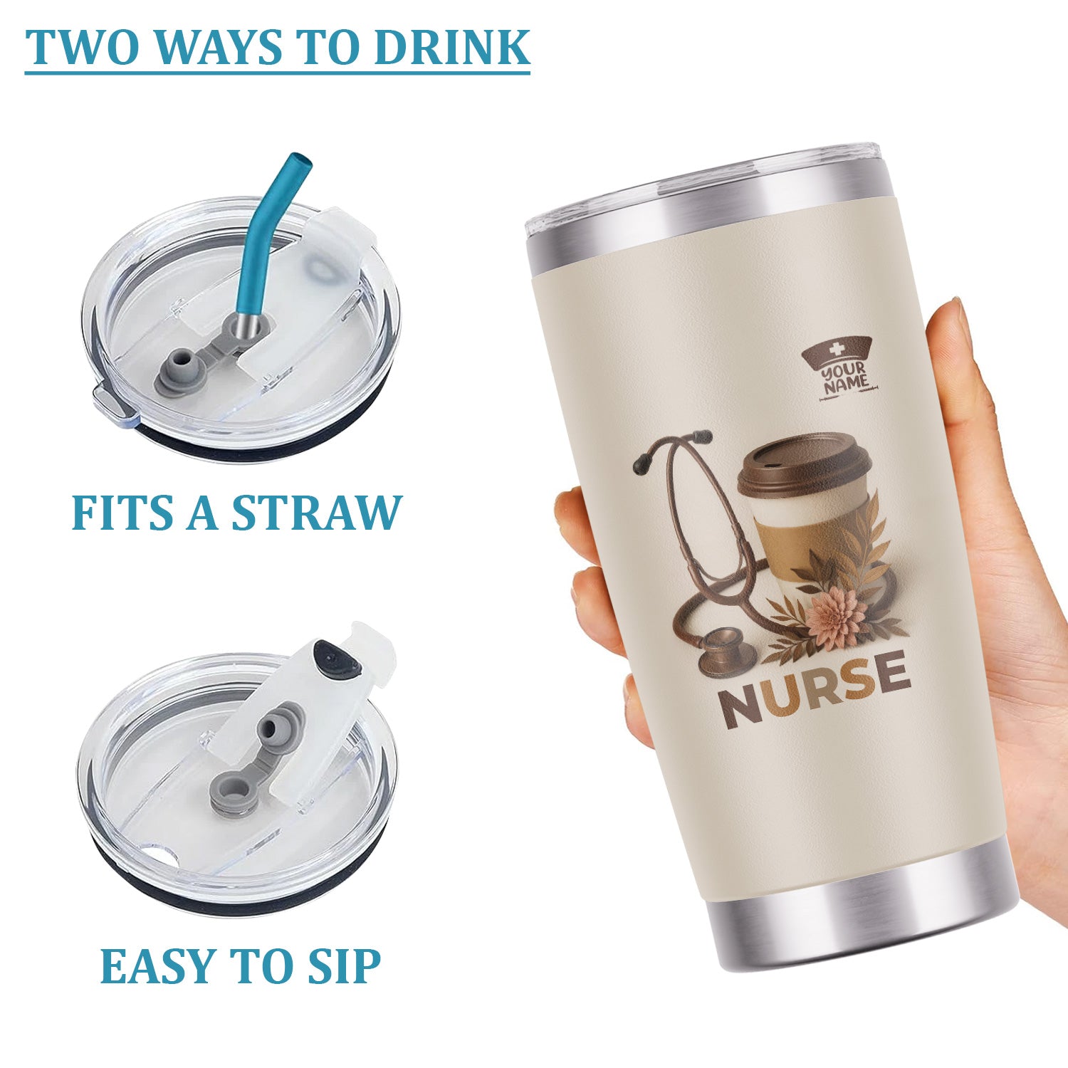 Personalized Nurse Coffee Tumbler - Stethoscope Floral Beige Design - Gift for RN LPN CNA Women