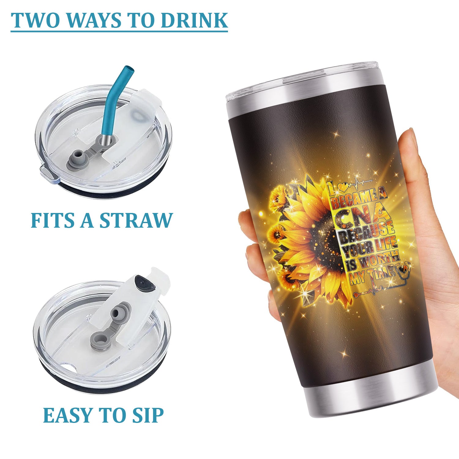 Custom CNA Floral Tumbler - Stethoscope Sunflower Graphic Design - Gift for RN LPN Healthcare Workers