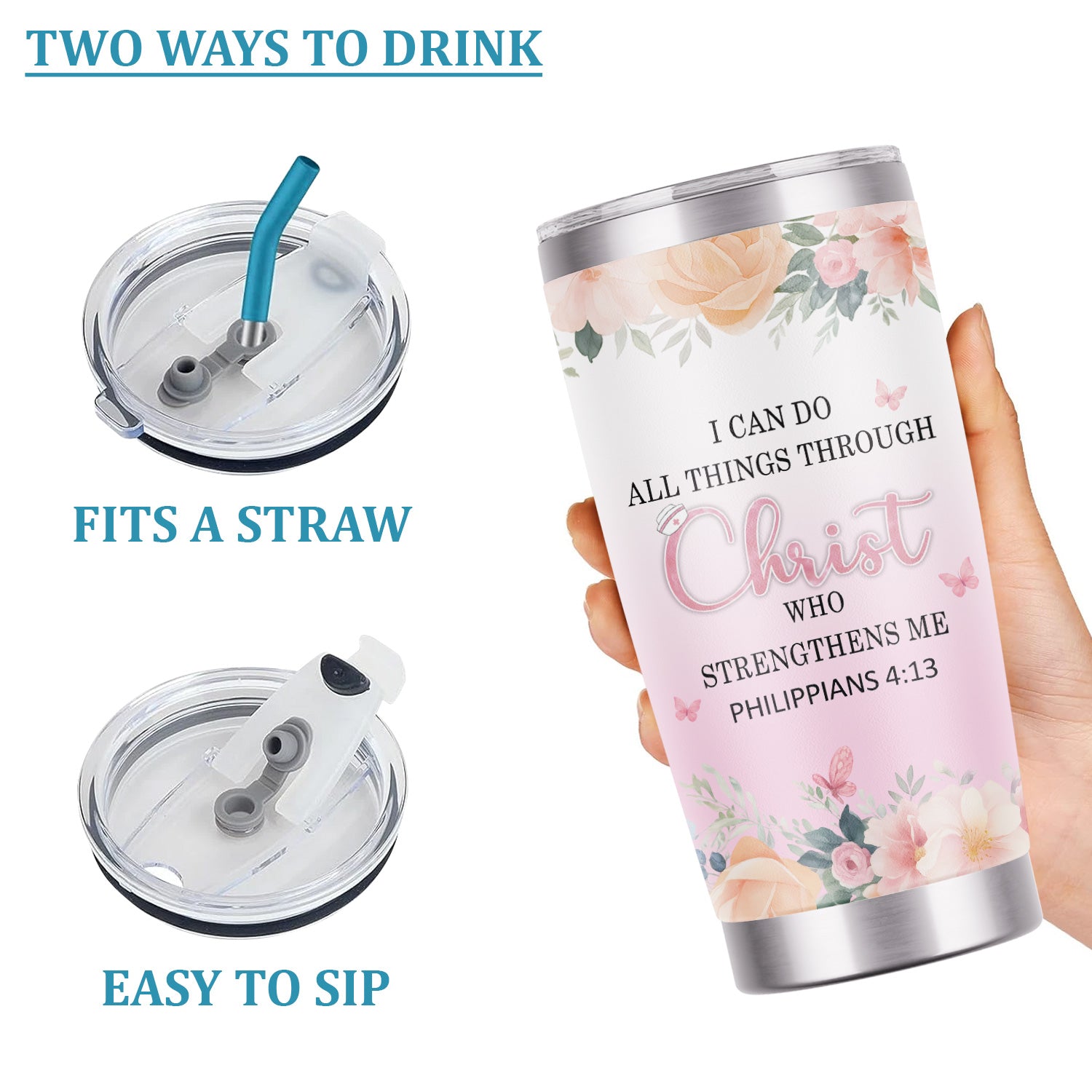 Floral Christian Nurse Tumbler - Inspirational Bible Verse Apparel - Gift for RN LPN CNA Healthcare Staff