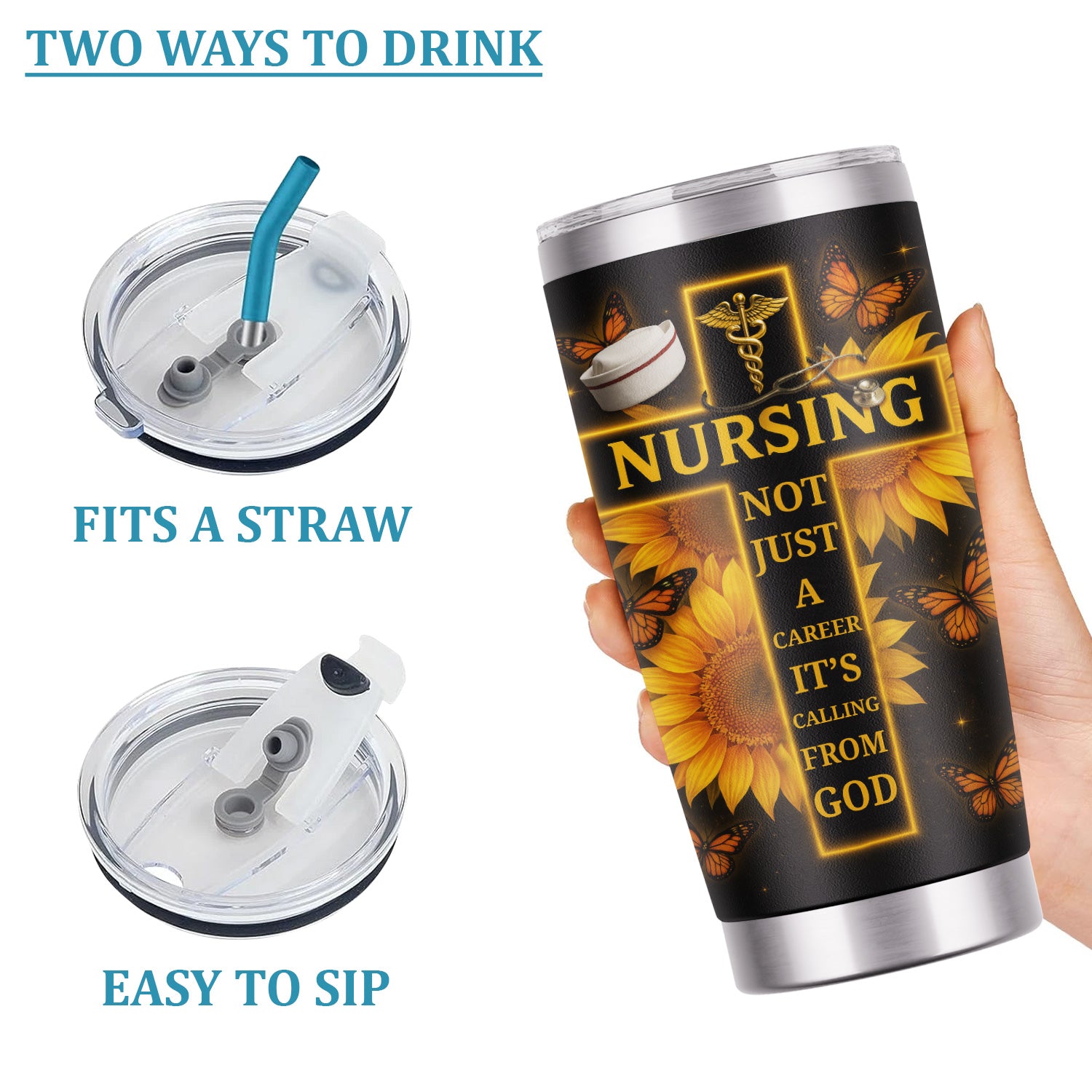 Custom Christian Nurse Tumbler - Faith-Based Gift with Stethoscope & Sunflower Cross - Great Gift for Christian RN CNA LPN Women