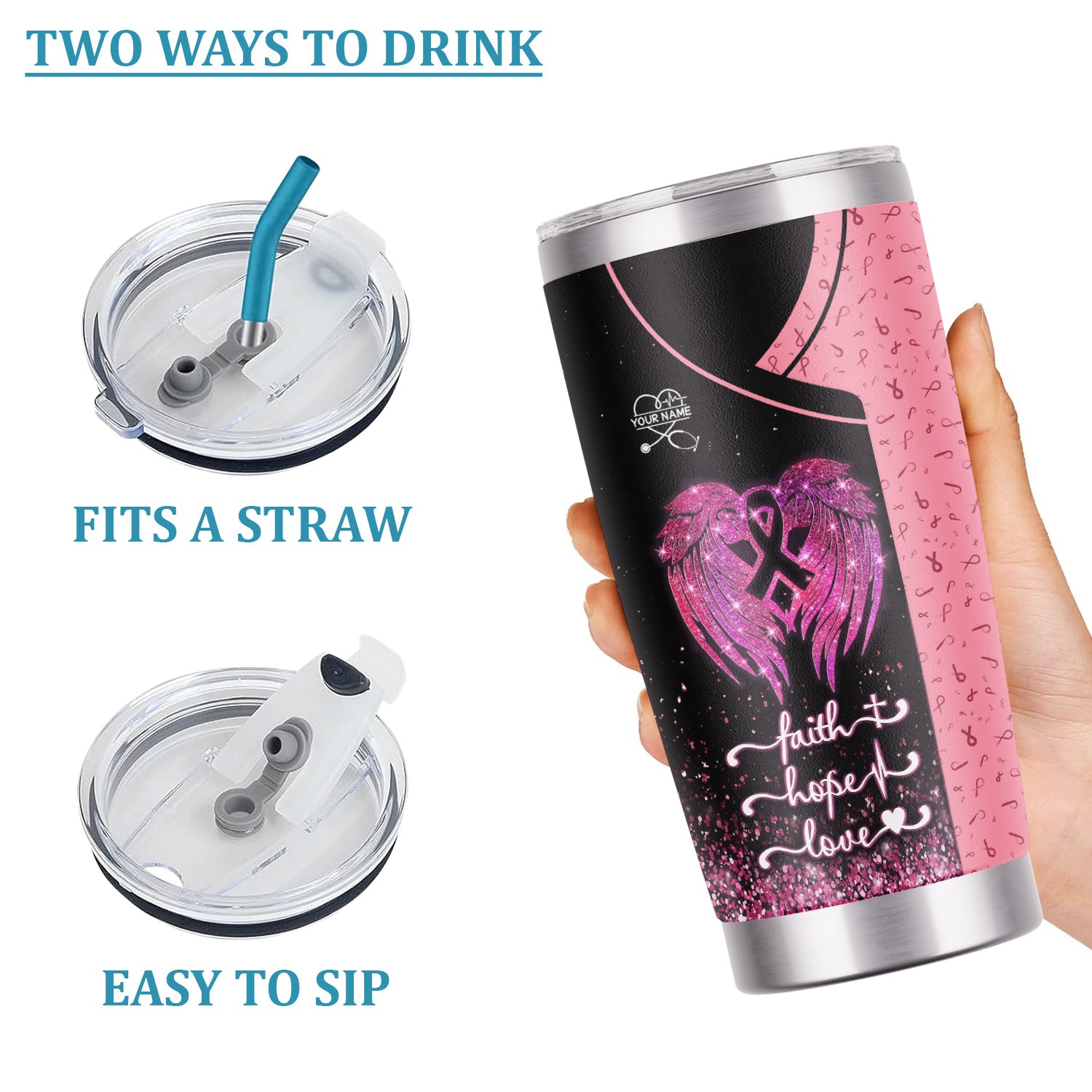 Custom Breast Cancer Awareness Tumbler - Faith Hope Love & Angel Wings - Gift for RN LPN CNA Women
