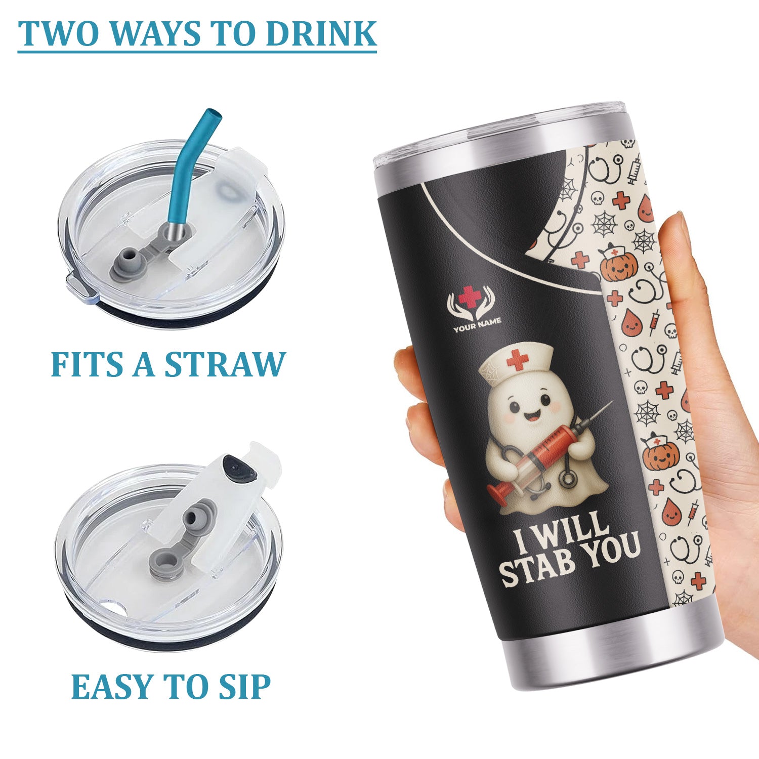 Funny Personalized Halloween Nurse Tumbler - I Will Stab You Quote with Syringe - Custom Name Gift for  RN LPN CNA Healthcare Workers
