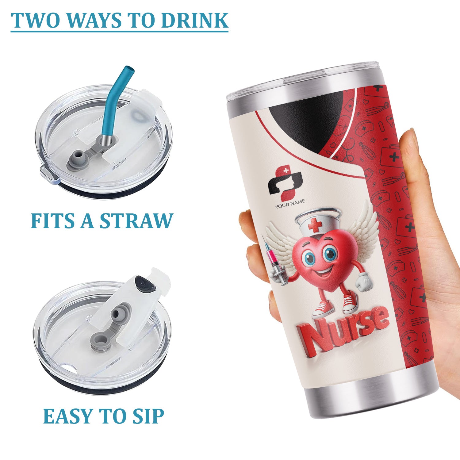 Custom Nurse Travel Tumbler - Cute Heart Cartoon with Syringe Design - Hilarious I Will Stab You Gift for Healthcare Professionals