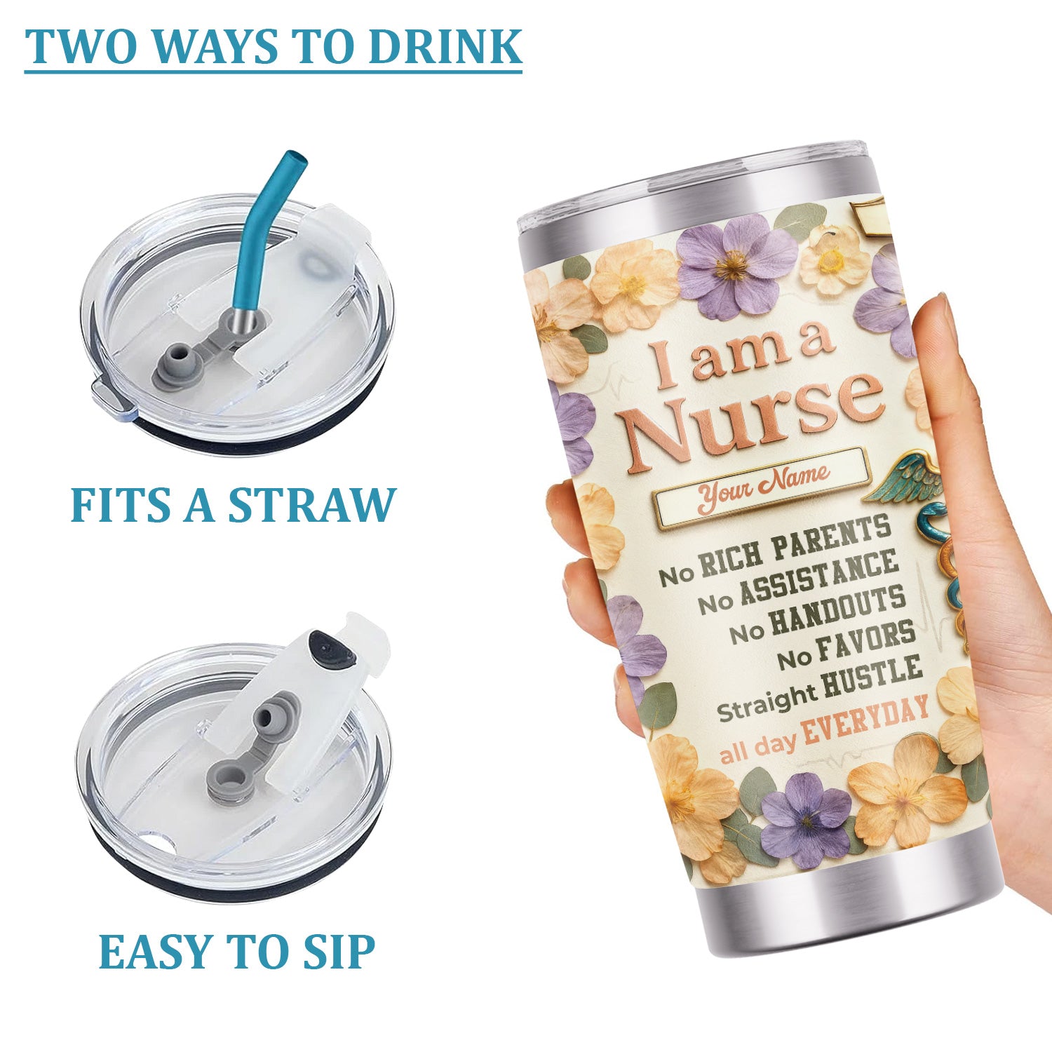 Personalized Nurse Life Tumbler For Her - Funny Hustle Quote for RN LPN CNA - Cute Floral & Nutrition Facts Design