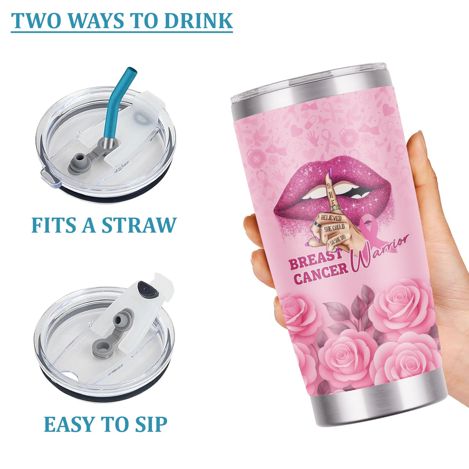 Personalized Breast Cancer Warrior Tumbler - She Believed She Could  Pink Ribbon Design - Gift for Women RN LPN CNA