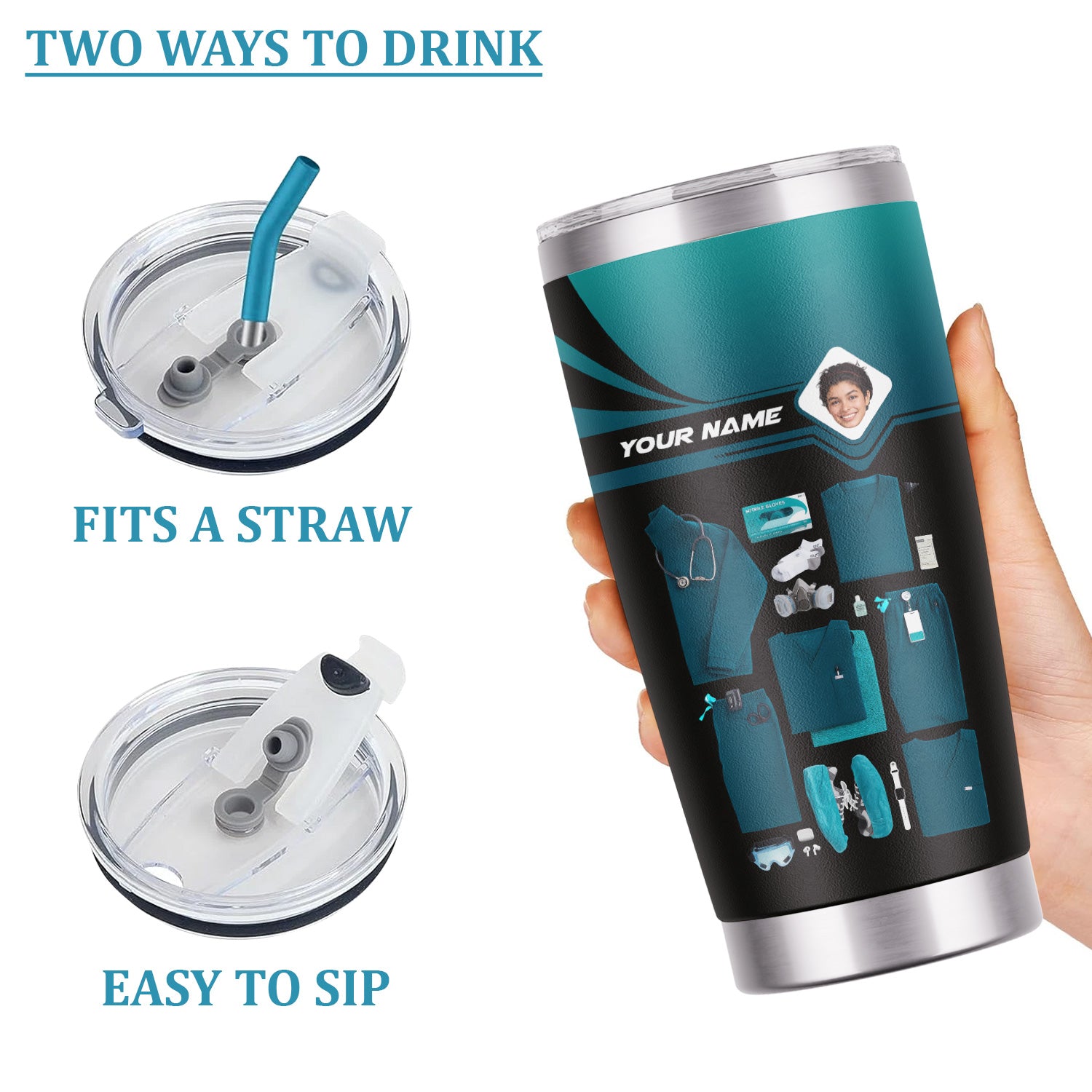 Personalized Nurse Tumbler with Scrubs & Tools - Custom Photo & Name - Gift for Healthcare Workers, RN, LPN - Multiple Scrub Colors Available
