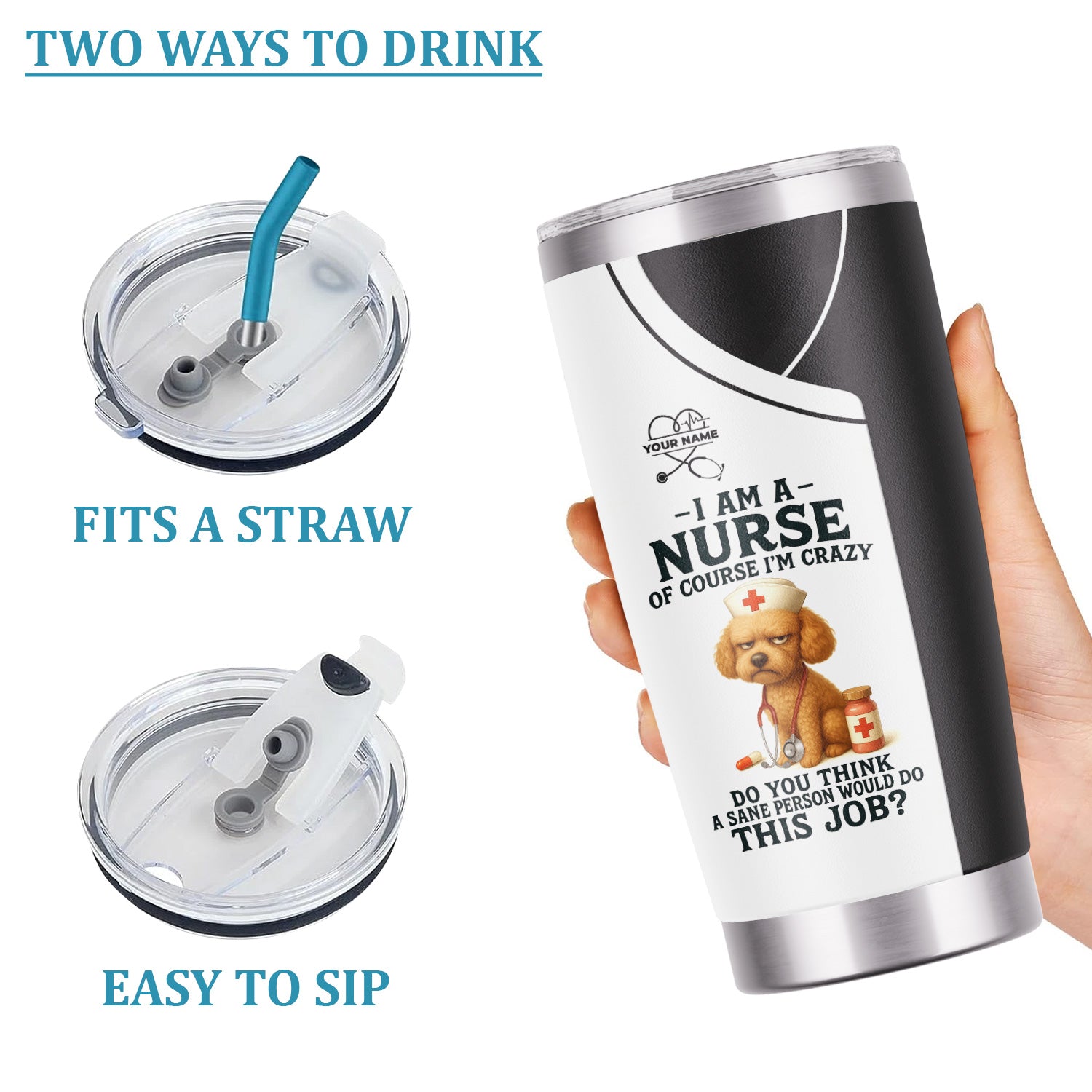 Funny Nurse Tumbler with Poodle - Personalized 20oz Stainless Steel Cup - Custom Name Humorous Gift for RN LPN CPN Dog Lover