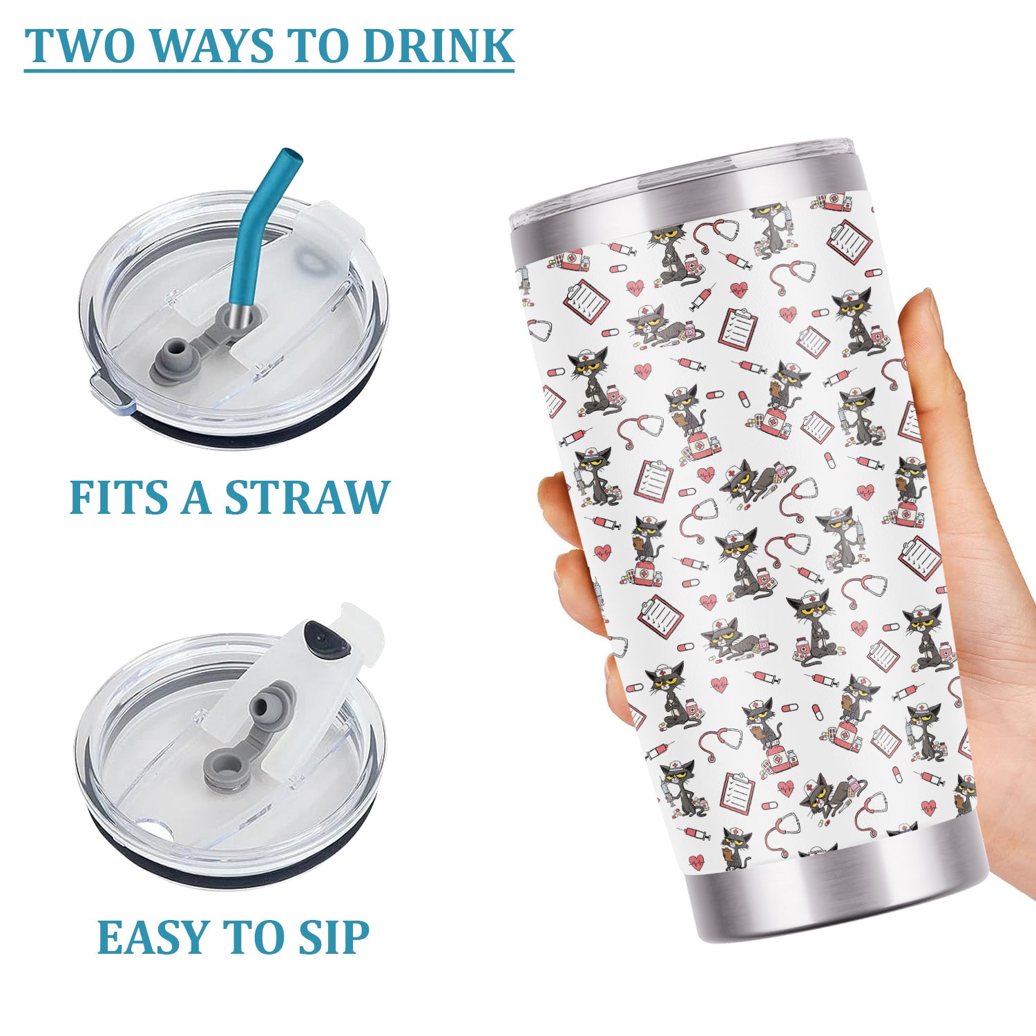 Funny Nurse Tumbler with Black Cat - Personalized 20oz Stainless Steel Cup - Gift for RN, CNA, LPN, Medical Staff