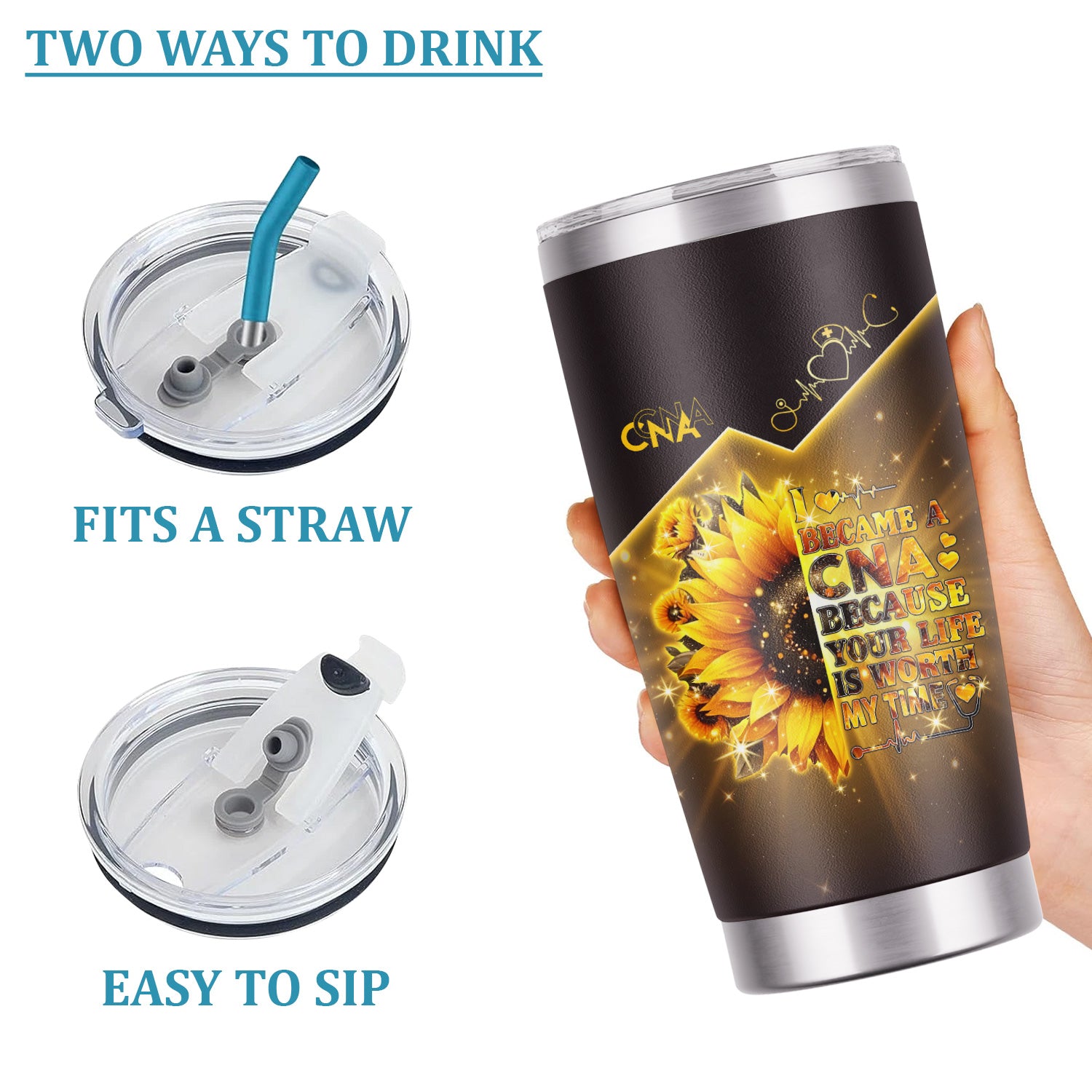 Personalized CNA Floral Tumbler - Stethoscope Sunflower Graphic Design - Gift for RN LPN CNA