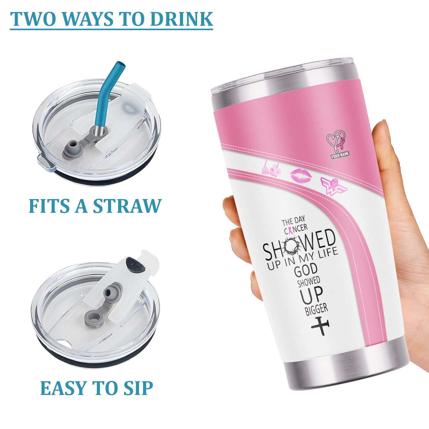 Custom Breast Cancer Awareness Tumbler - The Day Cancer Showed Up Faith Quote - Gift for Nurse RN LPN CNA