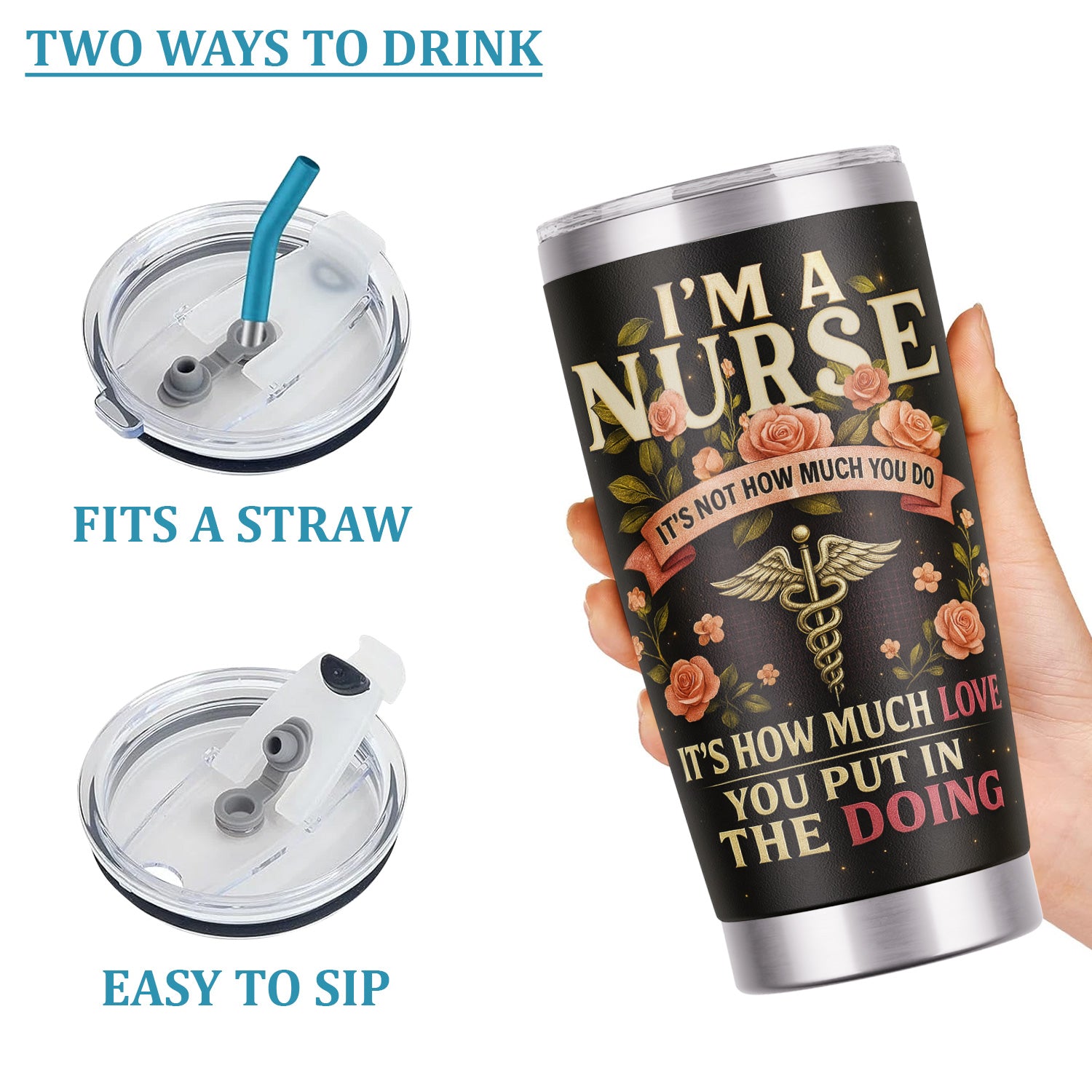 Personalized Healthcare Workers Tumbler for Nurses RN LPN CNA - Flower Medical Nursing Design with Stethoscope Caduceus - Appreciation Gift for Hospital Staff