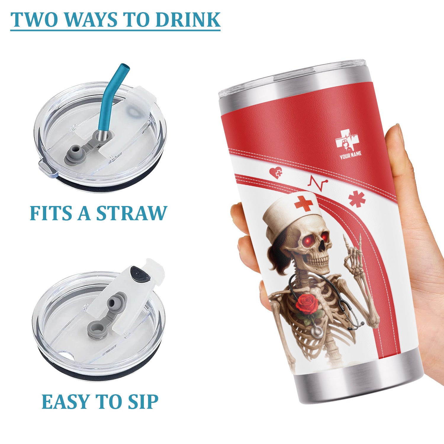 Red and White Skeleton Nurse Life Tumbler - Funny Custom Name Gift for RN LPN CNA - Dark Humor Stainless Cup for Healthcare Workers