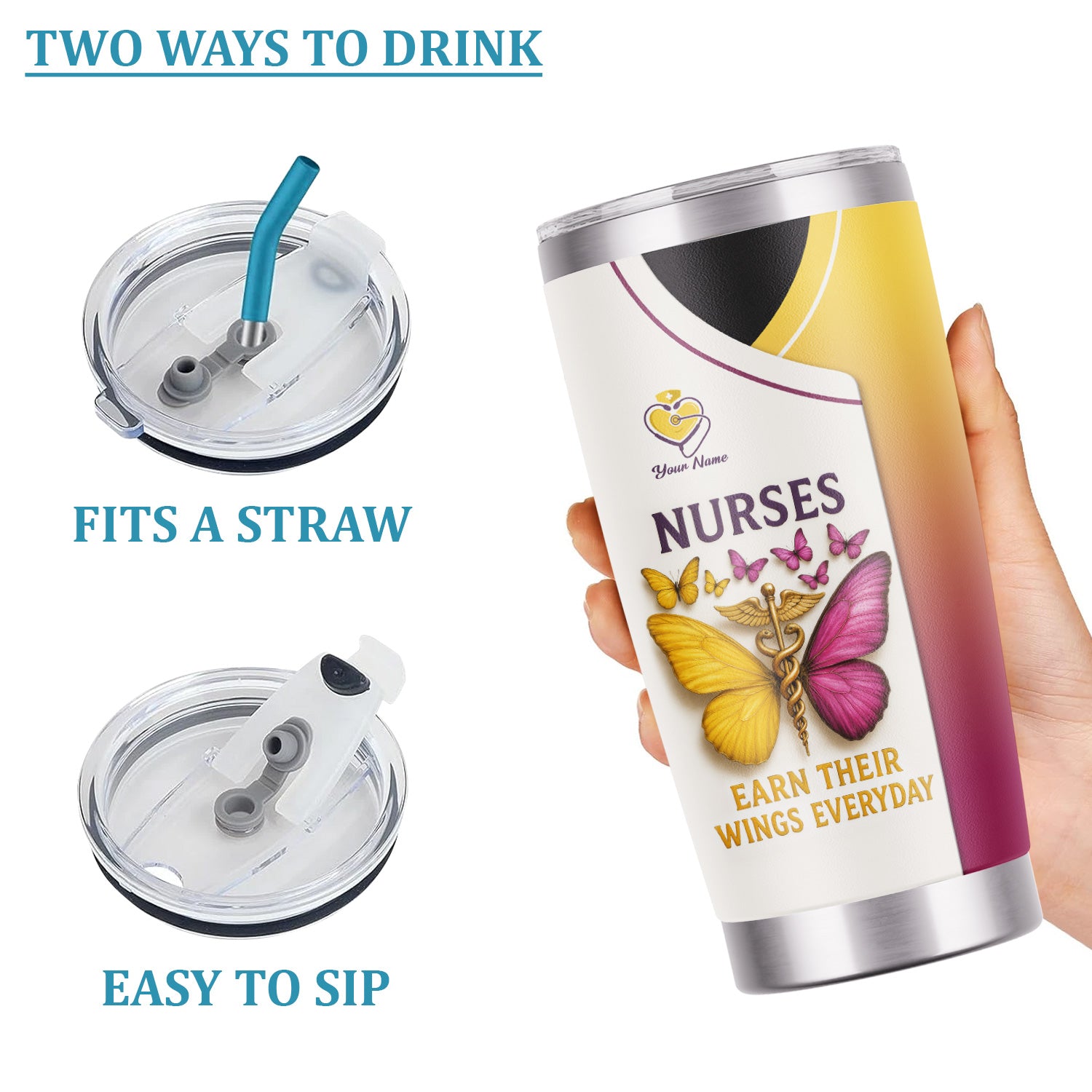 Personalized Nurse Tumbler - Butterfly Wings Everyday Design - Custom Name Gift for RN LPN CNA Women Healthcare Workers