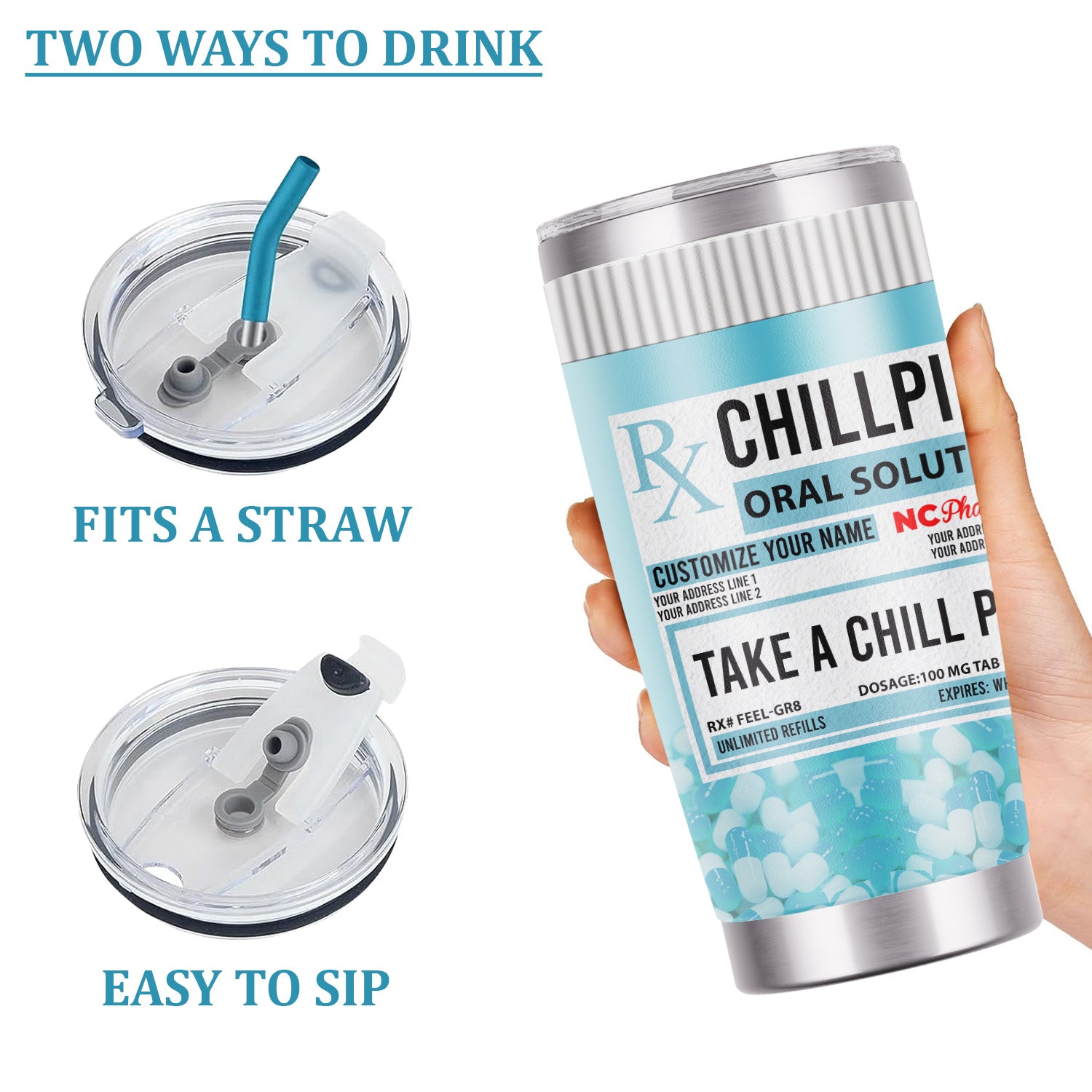 Custom Chill Pill Prescription Tumbler - Personalized 20oz Stainless Steel Cup - Funny Gift for Coworkers, Nurses, Doctors