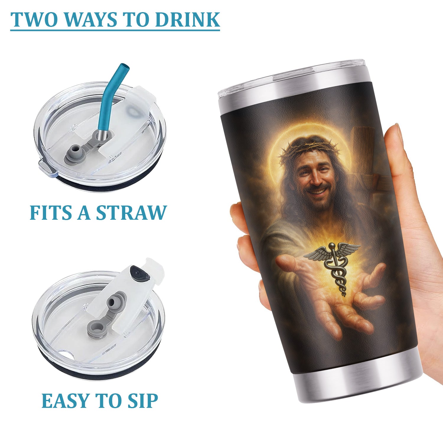 Personalized Religious Nurse Tumbler with Jesus and Caduceus Symbol - Jesus Saves Inspirational Christian Quote - Gift for RN CNA LPN