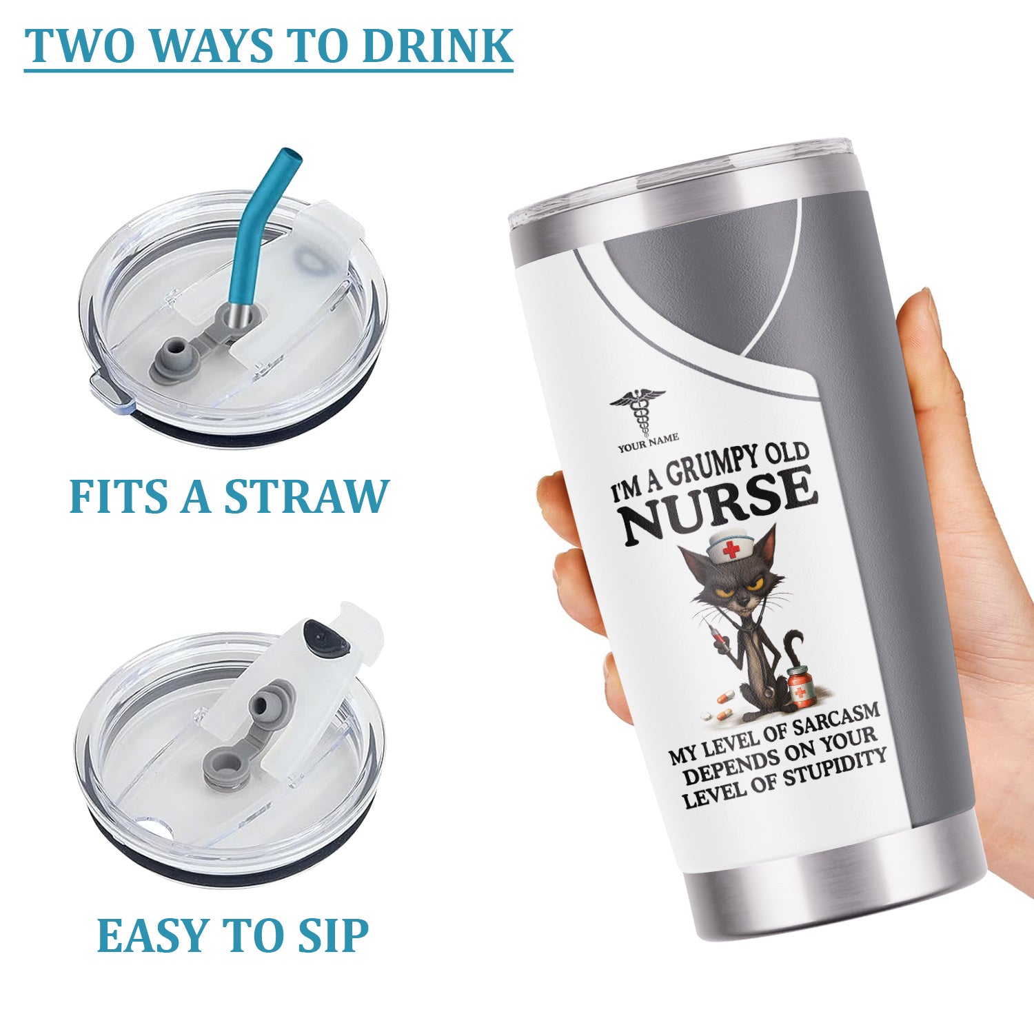 Personalized Grumpy Old Nurse Travel Tumbler - Angry Cat Sarcasm Quote for RN LPN CNA - Funny Gift for Nursing Team & Medical Professionals