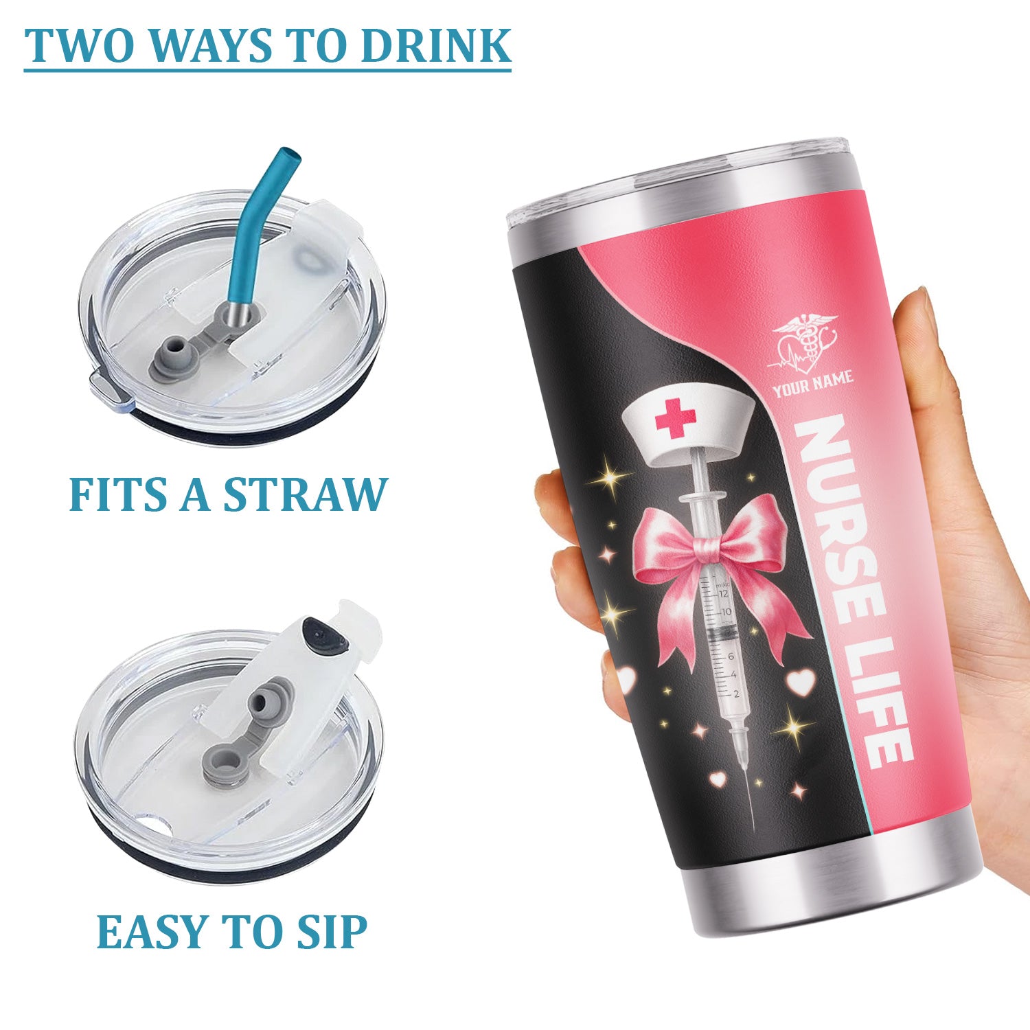 Personalized Nurse Tumbler with Name - Pink Syringe Bow Design for Women RN CNA LPN - Cute Medical Appreciation Cup for Nurse Graduation or Birthday Gift