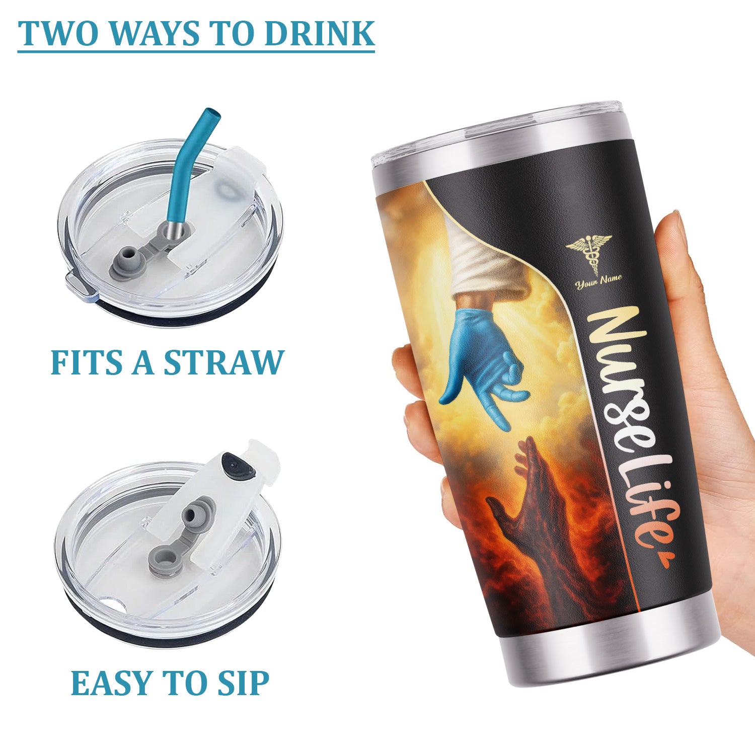 Christian Nurse Stainless Tumbler with Name - God’s Hand Reaching Design - Inspirational Gift for Faithful RN LPN CNA Women in Healthcare
