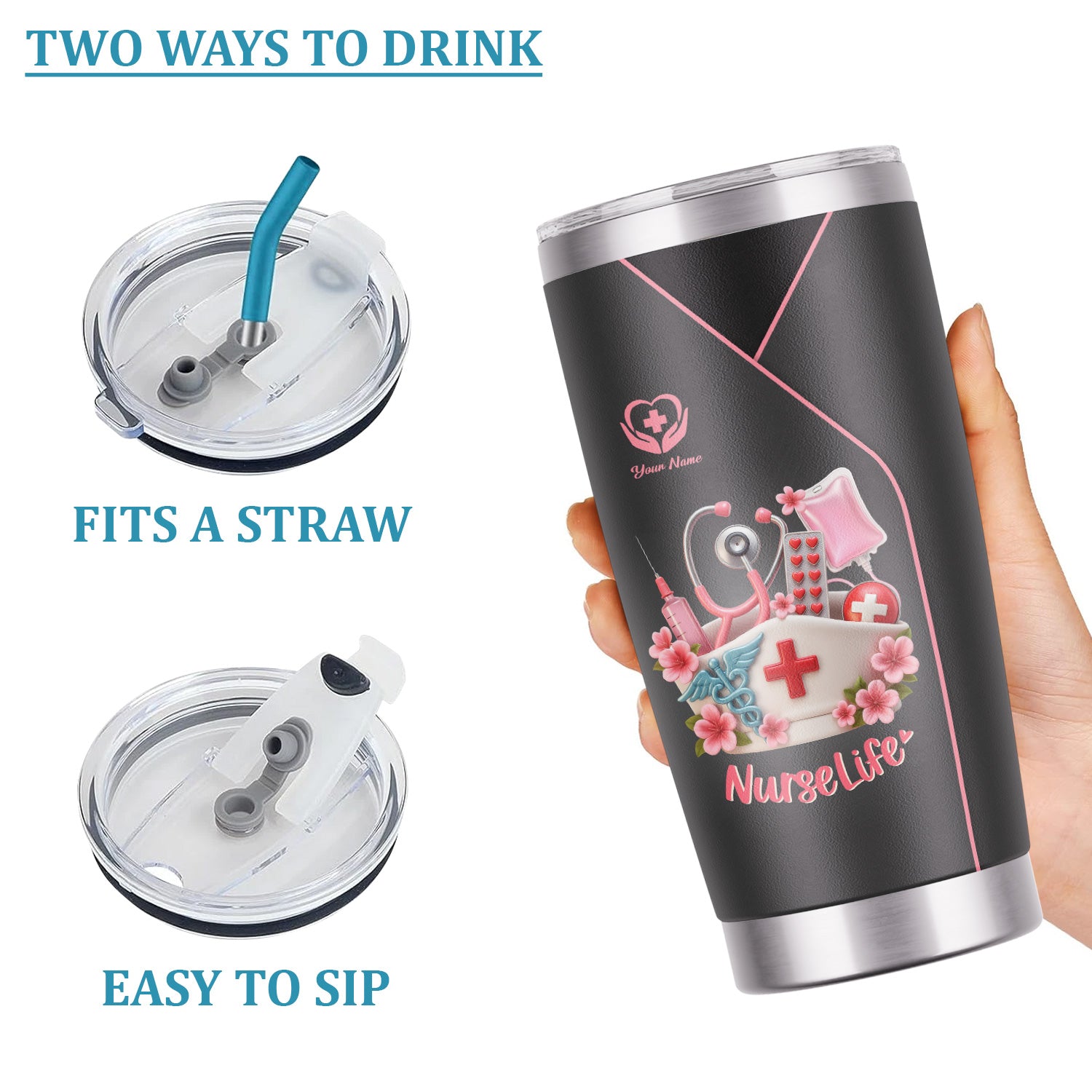 Personalized Nurse Tumbler - Cute Scrub & Heartbeat Design - Gift for RN LPN CNA Students and Workers