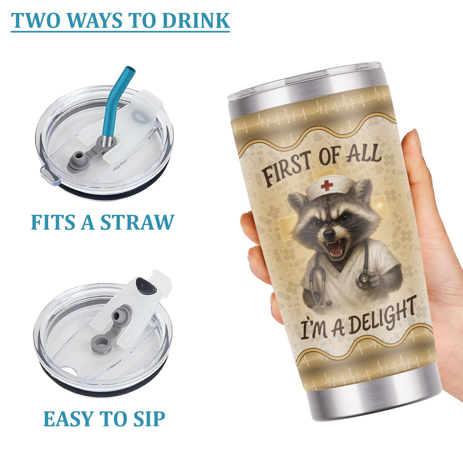 Funny Nurse Tumbler - First Of All I'm A Delight - Personalized Raccoon Mug with Name - Gift for RN CNA LPN Women - Stainless Steel Travel Cup