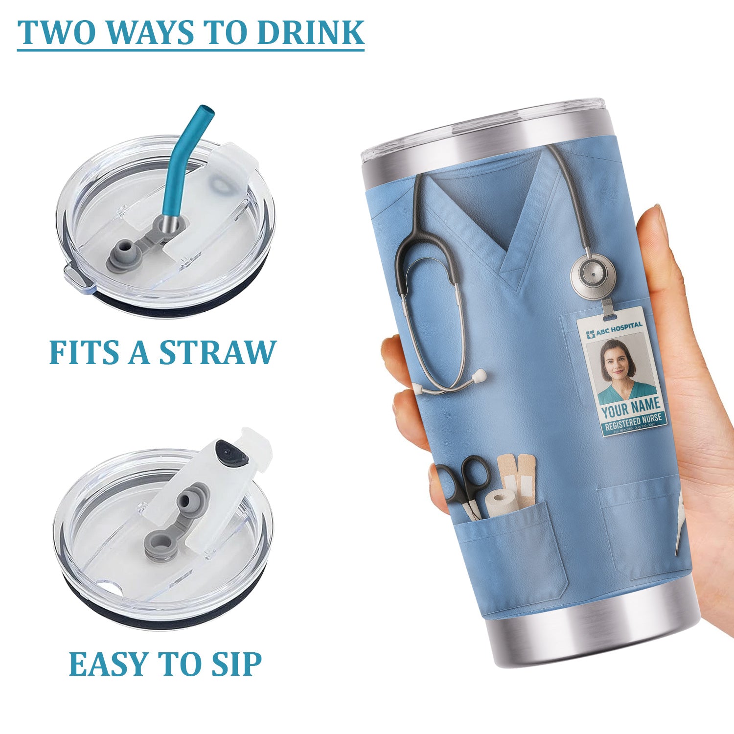 Custom Nurse Tumbler - Stethoscope & Hospital ID Badge Design - Personalized Gift with Custom Text & Photo for RN CNA LPN Healthcare Workers