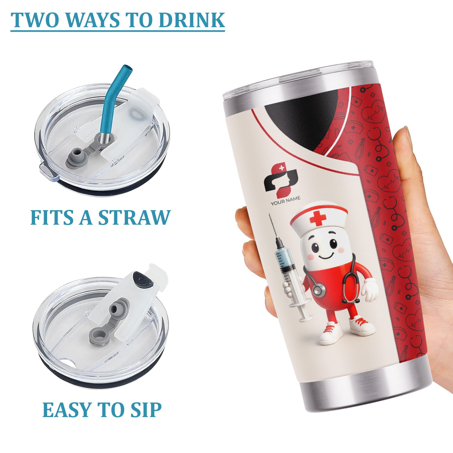 Funny Personalized Nurse Tumbler - Cartoon Pill Design Stainless Steel Travel Mug - RN CNA Healthcare Gift Multiple Color Options