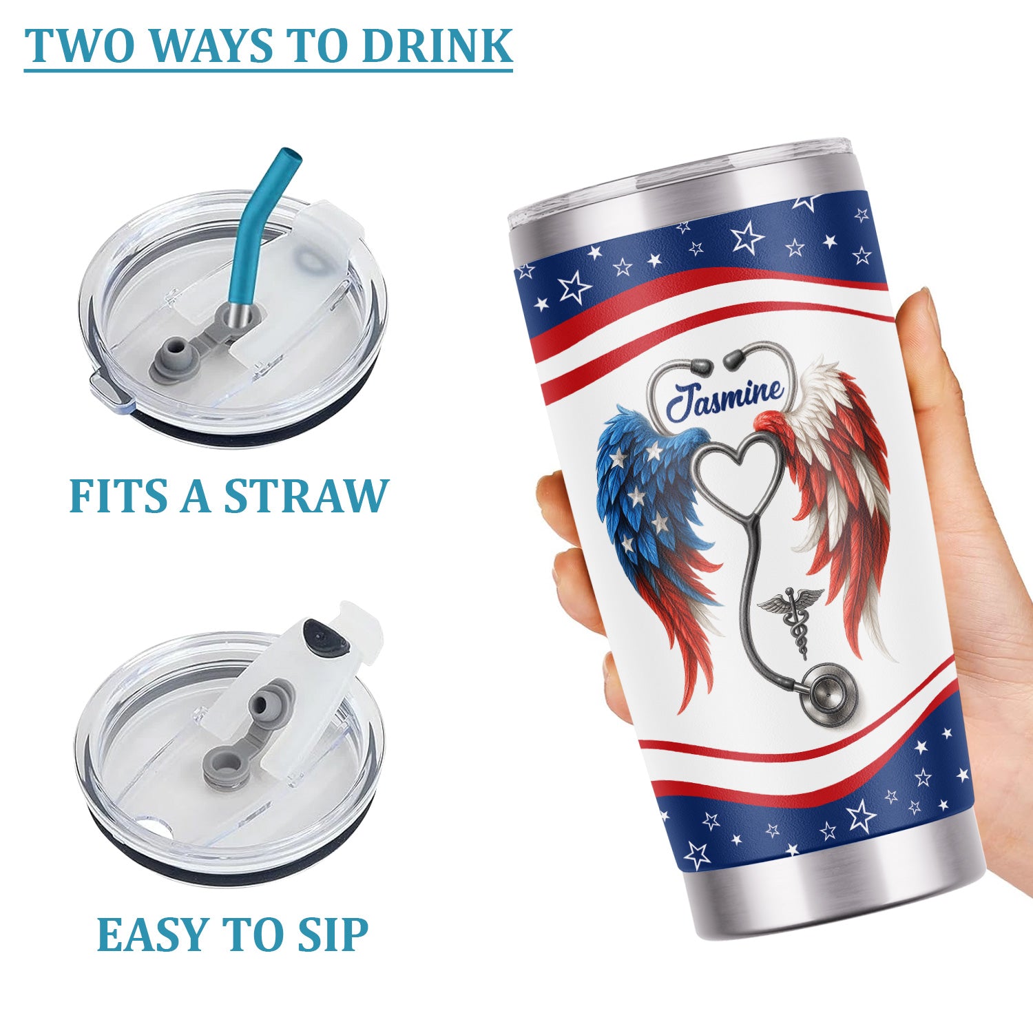 Personalized Nurse Tumbler - American Flag Angel Wings Stethoscope - The Wings Came With The Scrubs Gift