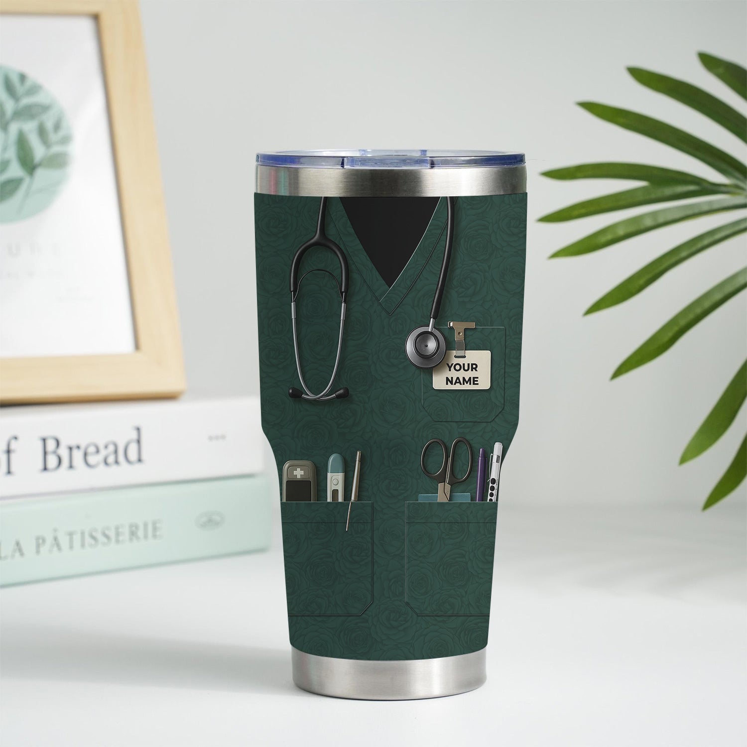 Custom Nurse Tumbler with Name - Green Scrubs Travel Mug with Medical Tools - Gift for RN CNA LPN Nursing Student